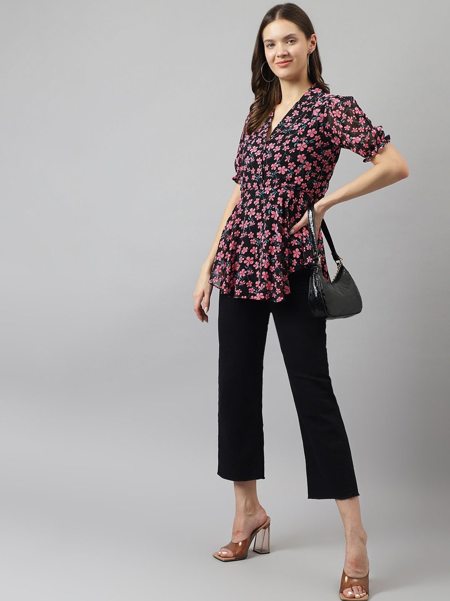 KERI PERRY Black & Pink Floral Print Top