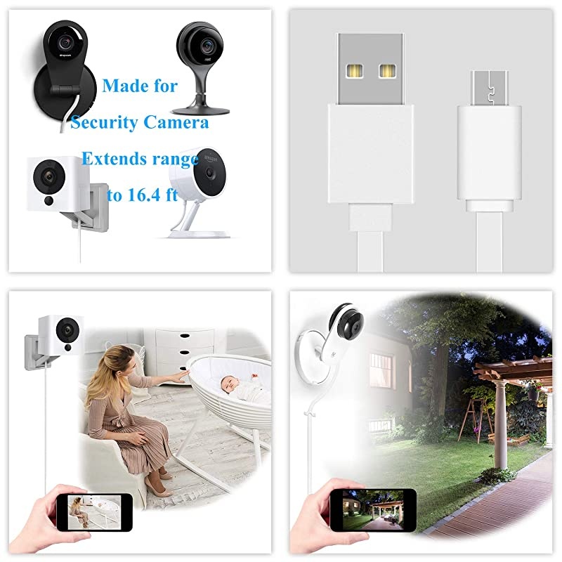 2 Pack 164FT Flat Power Extension Cable Compatible with WyzeCam WyzeCam Pan KasaCam Indoor NestCam Indoor Yi Camera Blink USB to Micro USB Charging and Data Sync Cord with Wire Clips