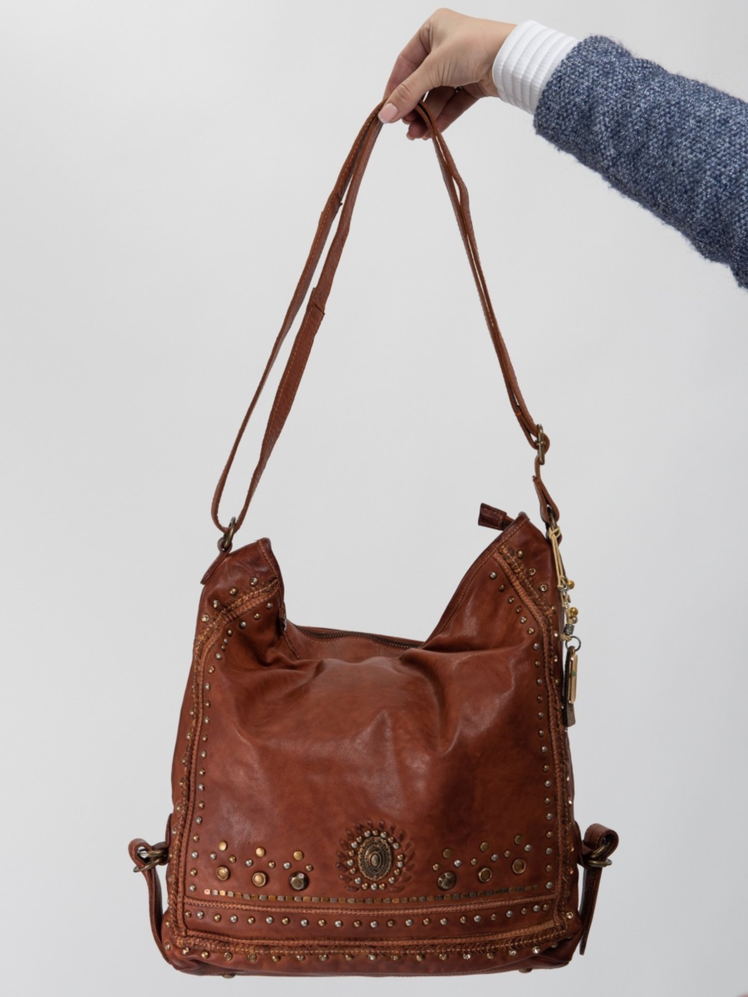 Art N Vintage Savio Cognac Leather Embellished Medium Sling Handbag