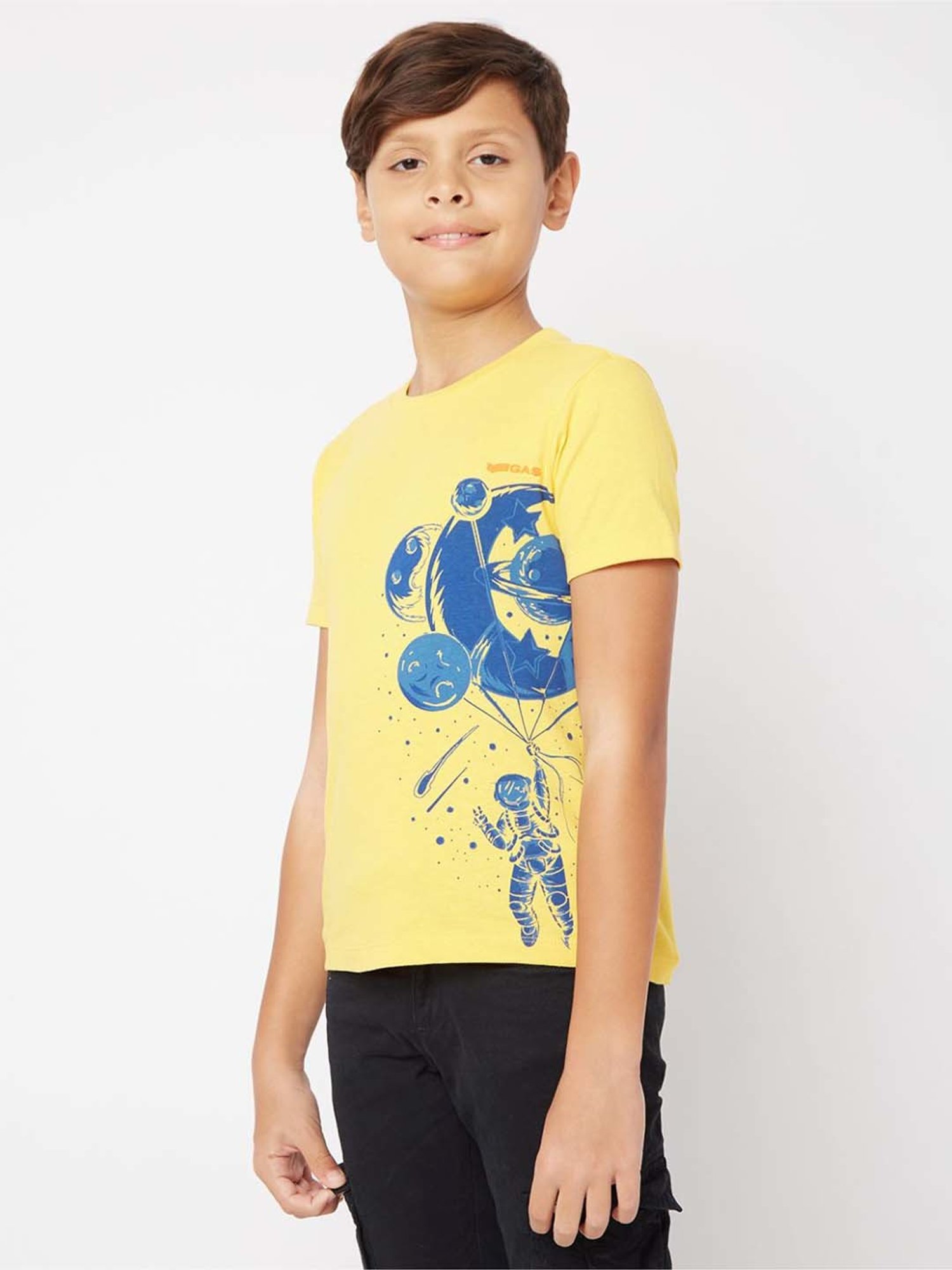 Gas Kids Vibrant Yellow & Blue Cotton Printed T-Shirt