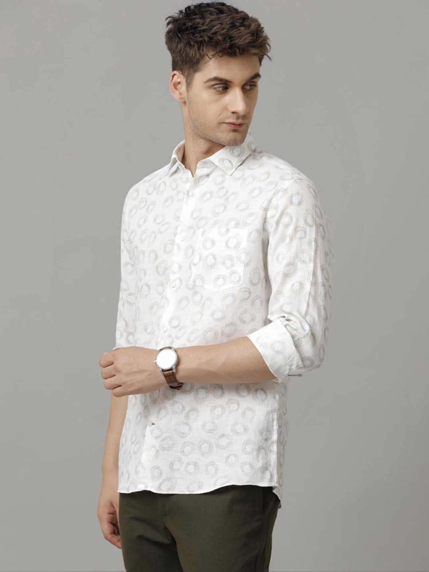 Linen Club Blue Linen Contemporary Fit Printed Shirt