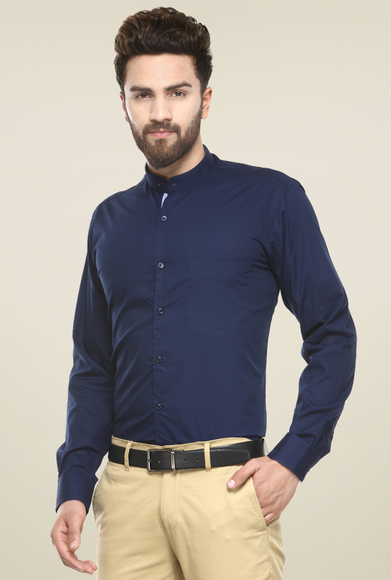 Hancock Navy Solid Cotton Slim Fit Shirt