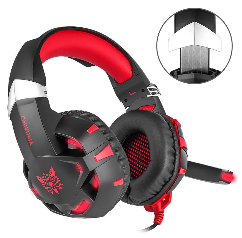 ONIKUMA K2 USB Headset 7.1 Channel Sound Stereo Gaming Headphones Deep Bass Game Headsets with Microphone LED for Computer PC - Black & Red