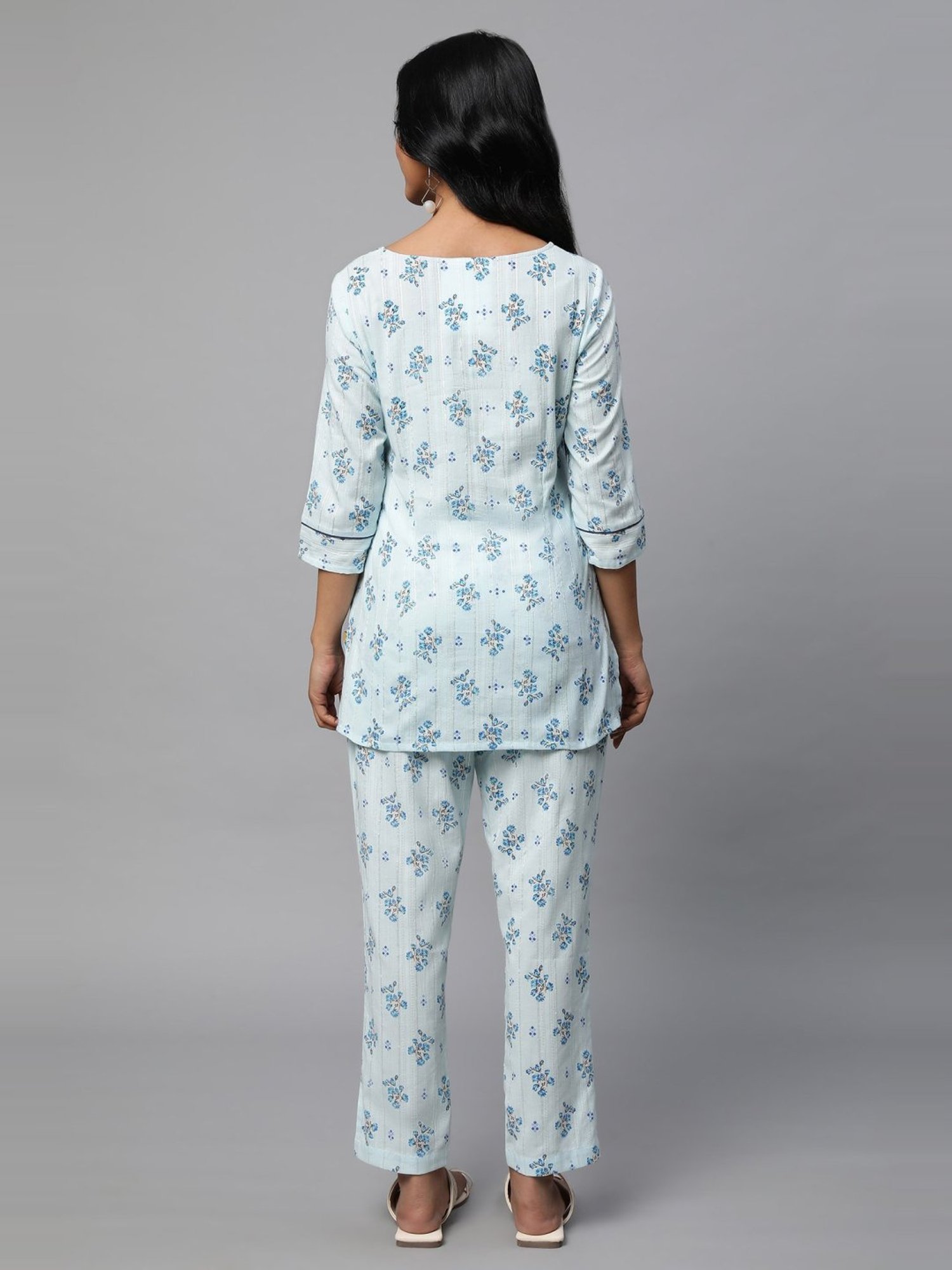 Aurelia Blue Cotton Printed Short Kurti Pant Set