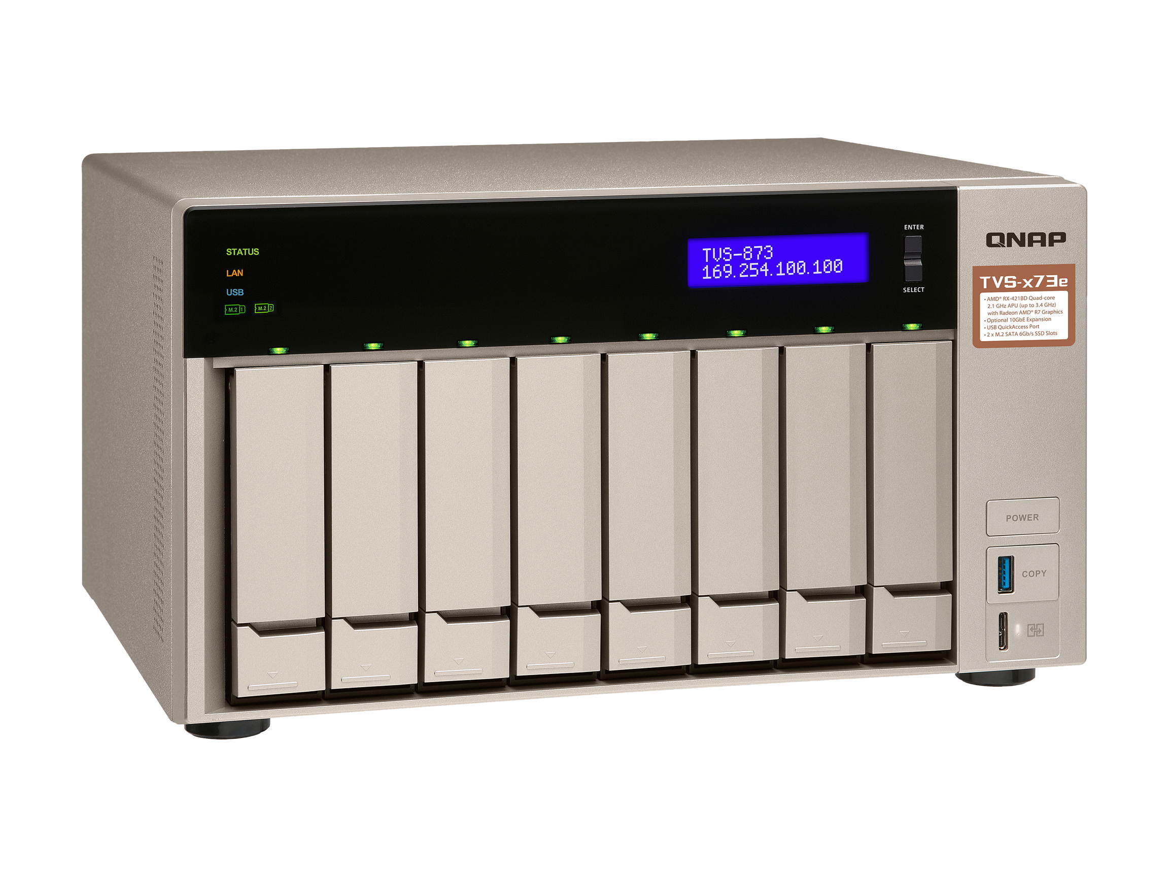 Qnap 8-bay NAS/iSCSI IP-SAN, AMD R series Quad-core 2.1GHz, 8GB RAM, 10G-ready (TVS-873e-8G-US)