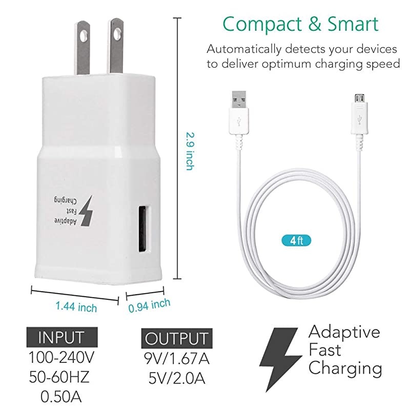 Adaptive Fast Charger Kit 2 Pack Fast Charging Adapter Travel Charger + 2 Micro USB Data cablesWall Charger for Samsung Galaxy S7S7 EdgeS6Note54 S3White