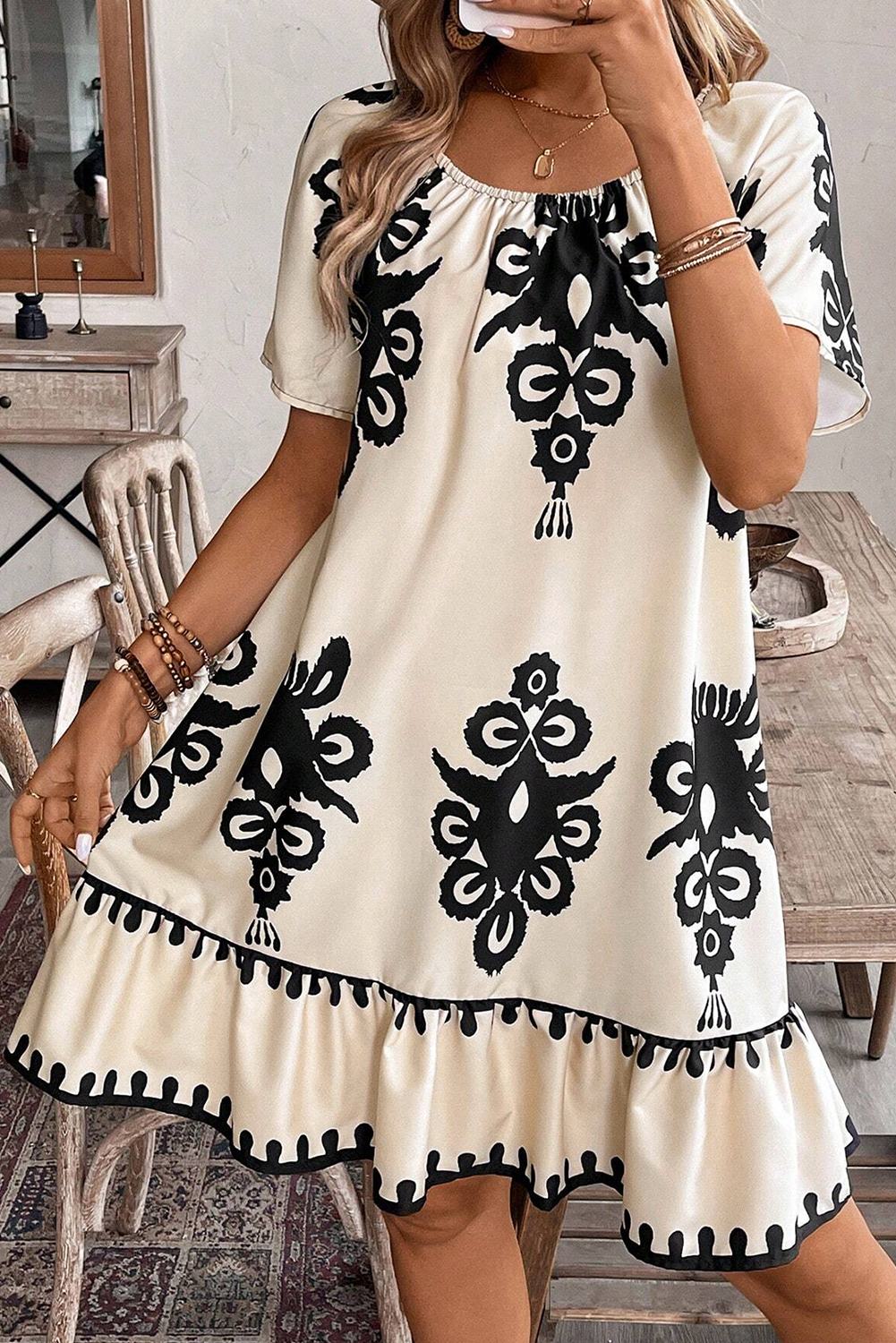 White Frill Mock Neck Sleeveless Tiered Floral Dress