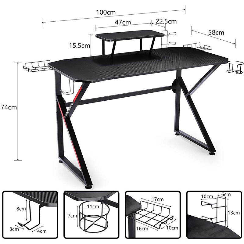 Gaming Desk 39 Inch Computer Desk Gaming Table K Shaped Pc Gaming Workstation Home Office Desk with Headphone/CD Holder, Gaming Controller Rack, K01