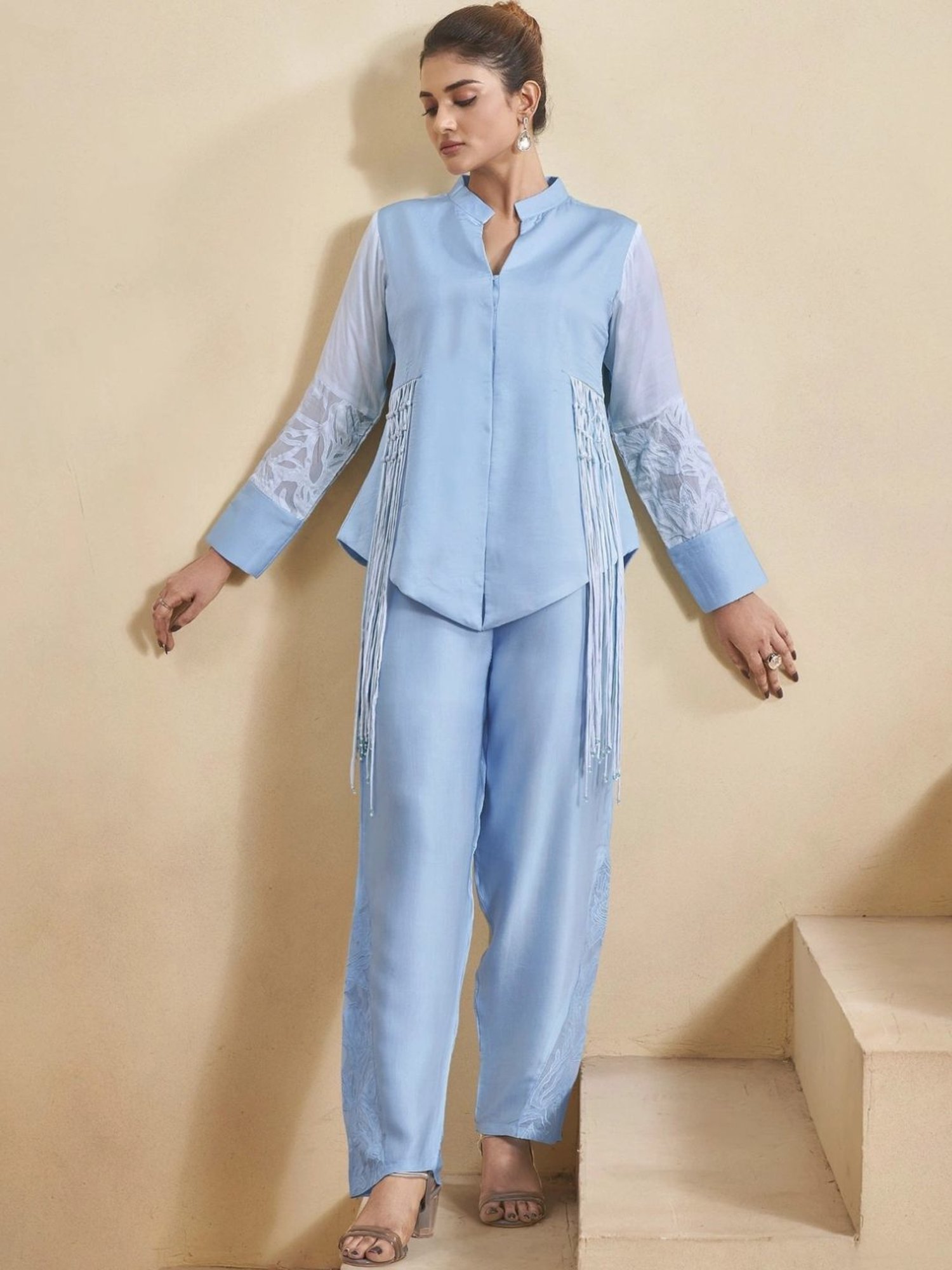 Kaftanize Blue Lily Bliss Ensemble Cotton Satin Top with Pant Co-Ord Set