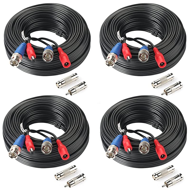 4Pack 65Feet BNC Vedio Power Cable Pre-Made Al-in-One Camera Video BNC Cable Wire Cord for Surveillance CCTV Security System with Connectors(BNC Female and BNC to RCA)