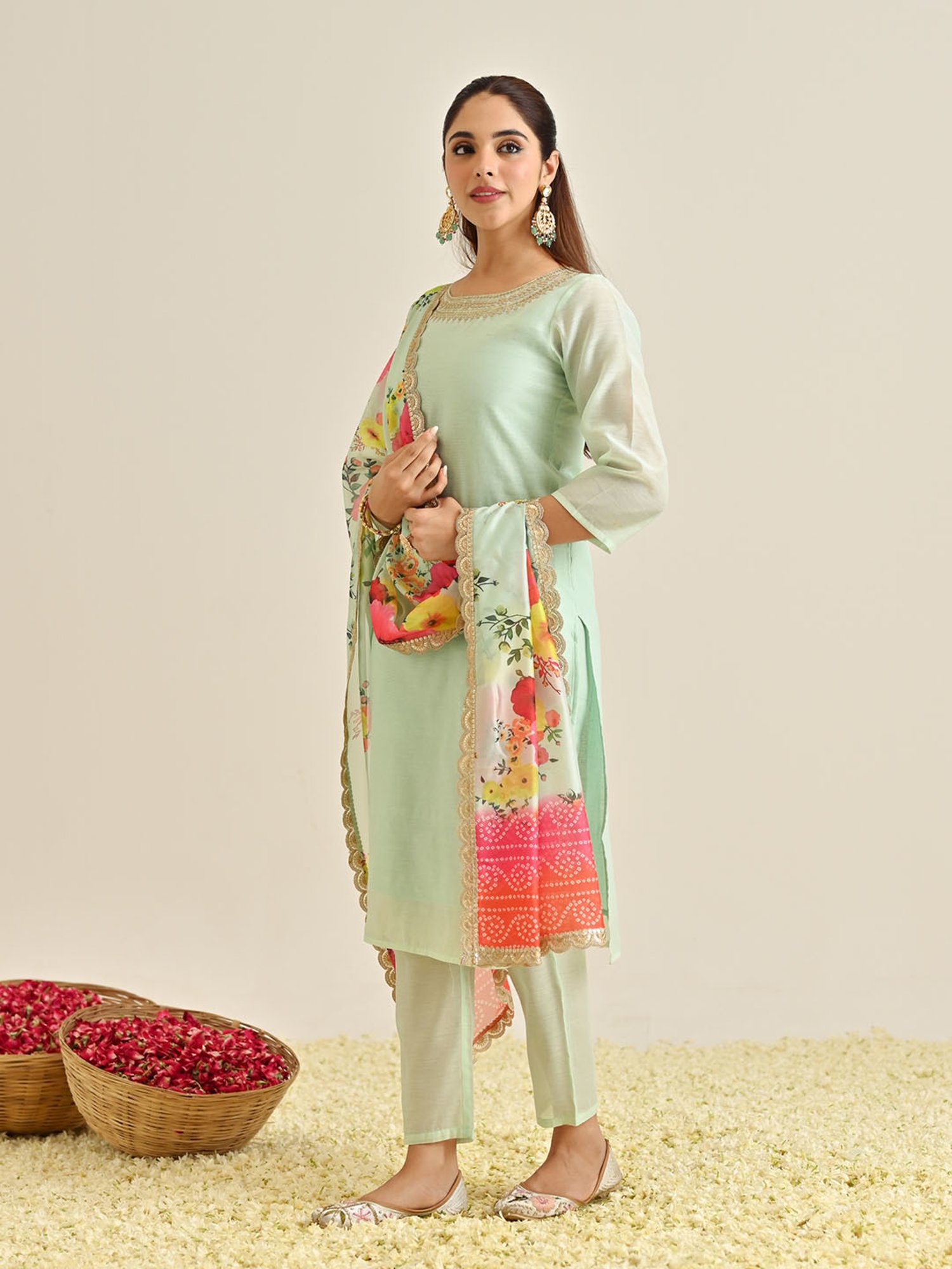 Rustorange Mint Green Embroidered Kurta With Pant & Dupatta