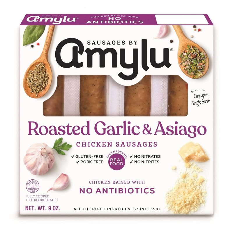 Amylu Antibiotics Free Roasted Garlic & Asiago Sausage - 9oz