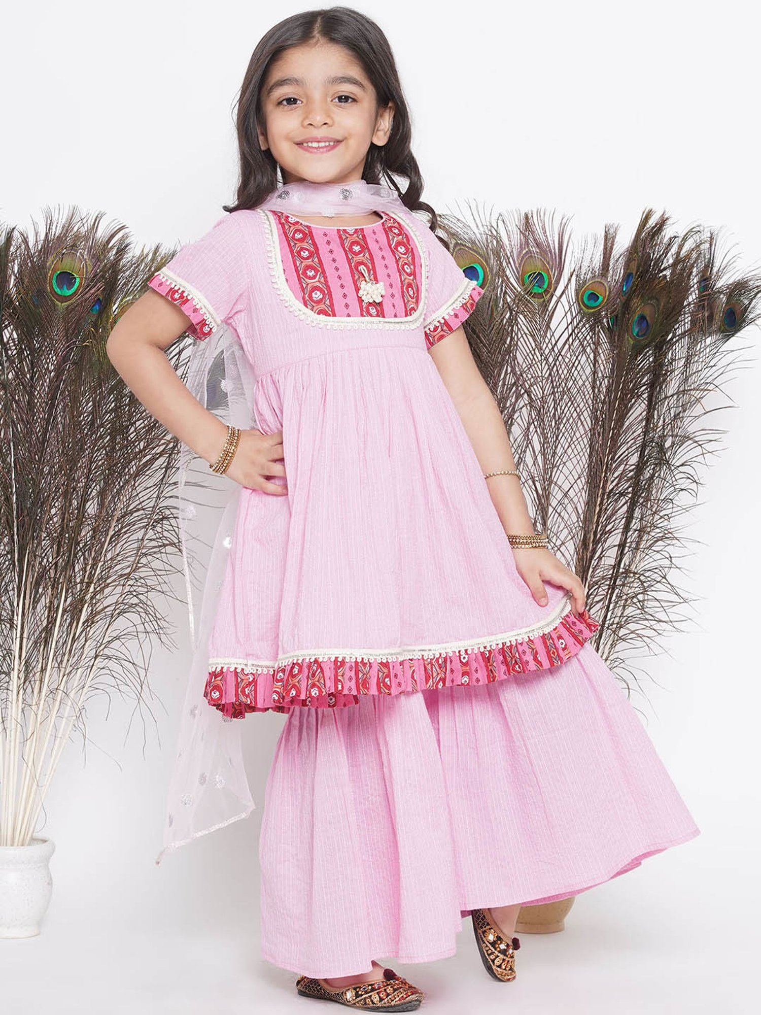 Little Bansi Kids Light Pink Printed Kurta, Salwar with Dupatta