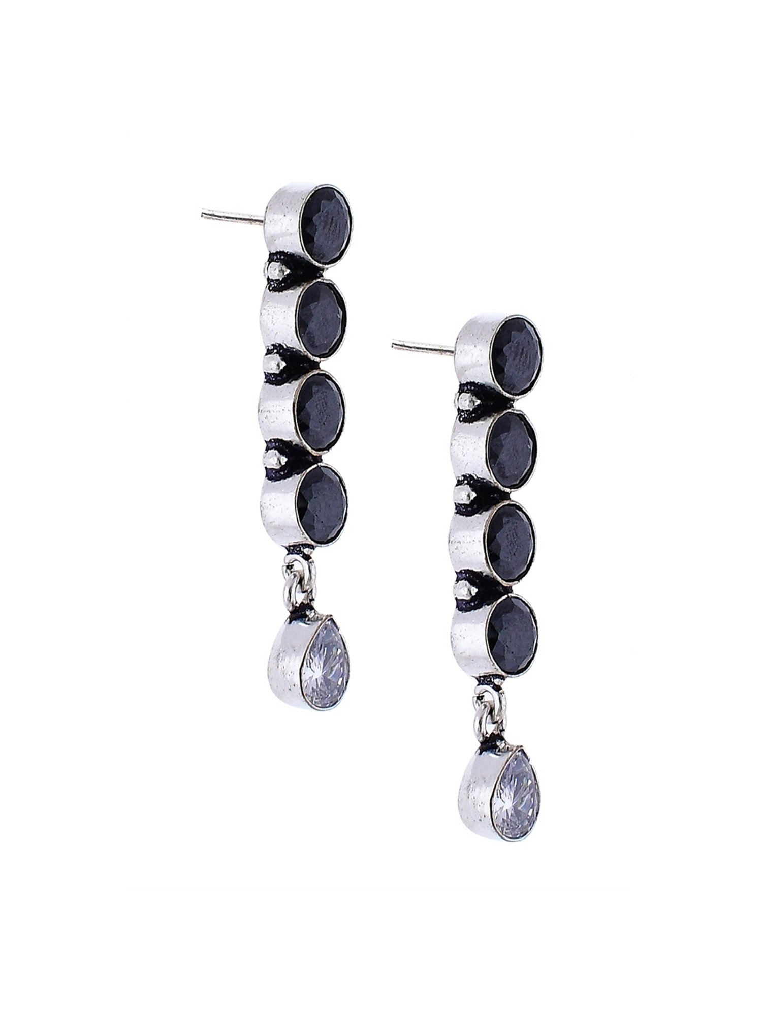 Imli Street Black Silver Tone Stone-Studded Handcrafted Dangler Earrings