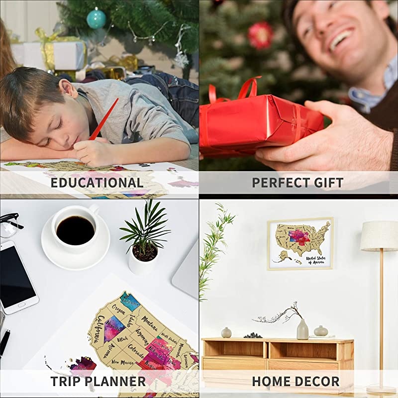 JARLINK Scratch off USA Map 12X17 inches United States Map with Unique Accessories Set Personalized Travel Tracker Poster USA Map Poster Perfect Gift for Travelers