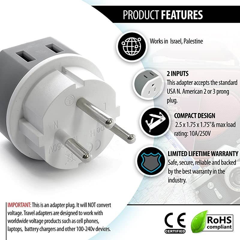 Israel, Palestine Power Plug Adapter by  with 2 USA Inputs - Travel 3 Pack - Type H (US-14) Safe Grounded Use with Cell Phones, Laptop, Camera Chargers, CPAP, and More
