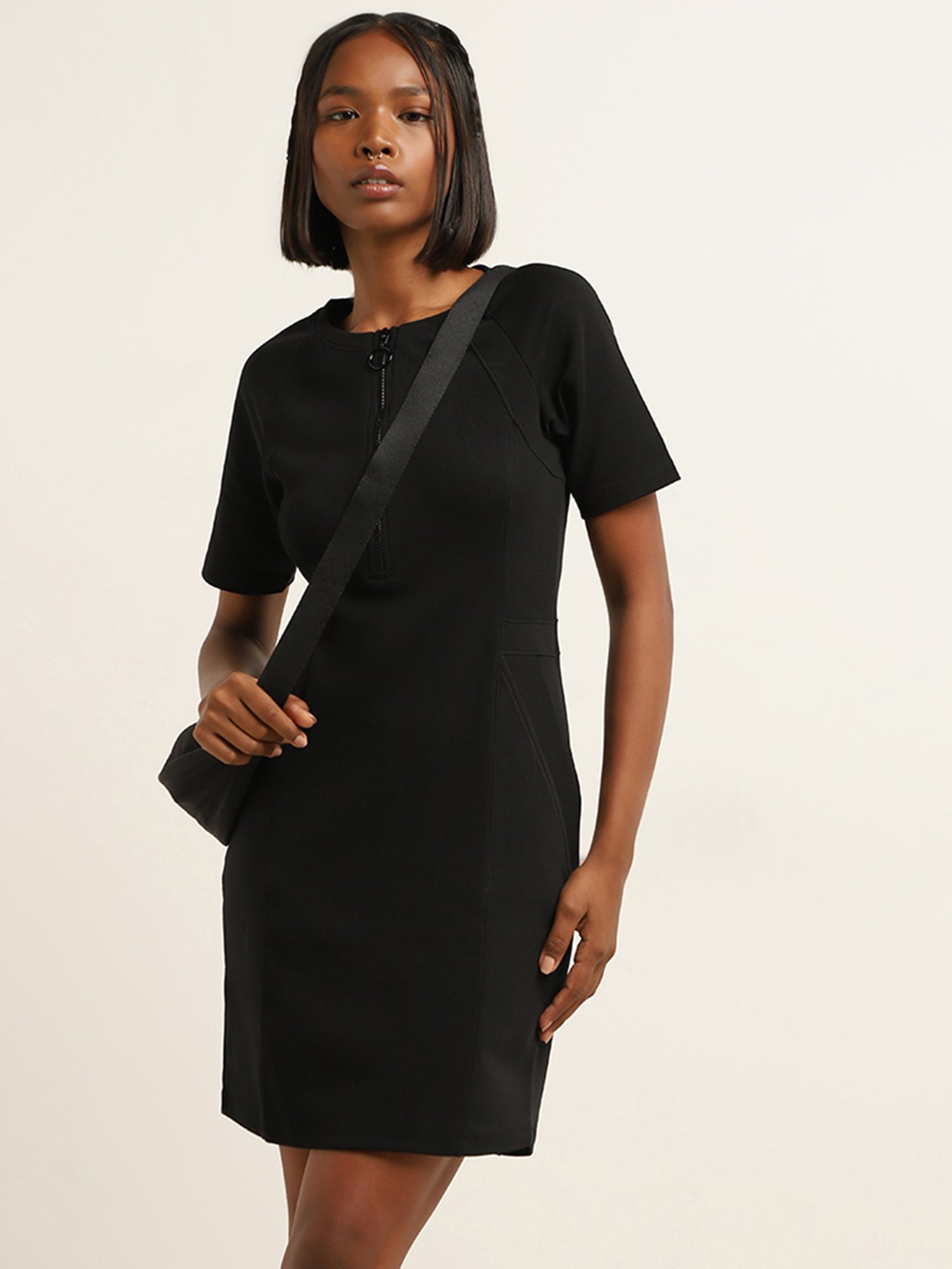 Studiofit by Westside Black Ribbed Bodycon Cotton Blend Dress