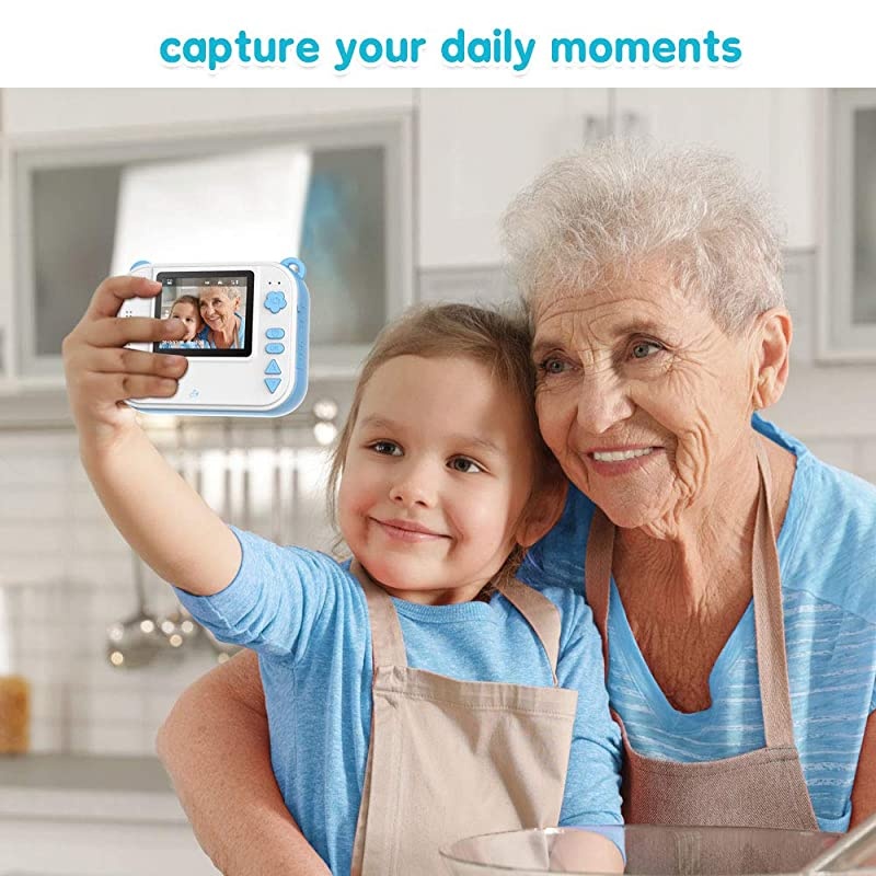 InstantFun Instant Print Camera for Kids Zero Ink Toy Camera with Print Paper Cartoon Sticker Color Pencils Portable Digital Creative Print Camera for Boys and Girls Blue