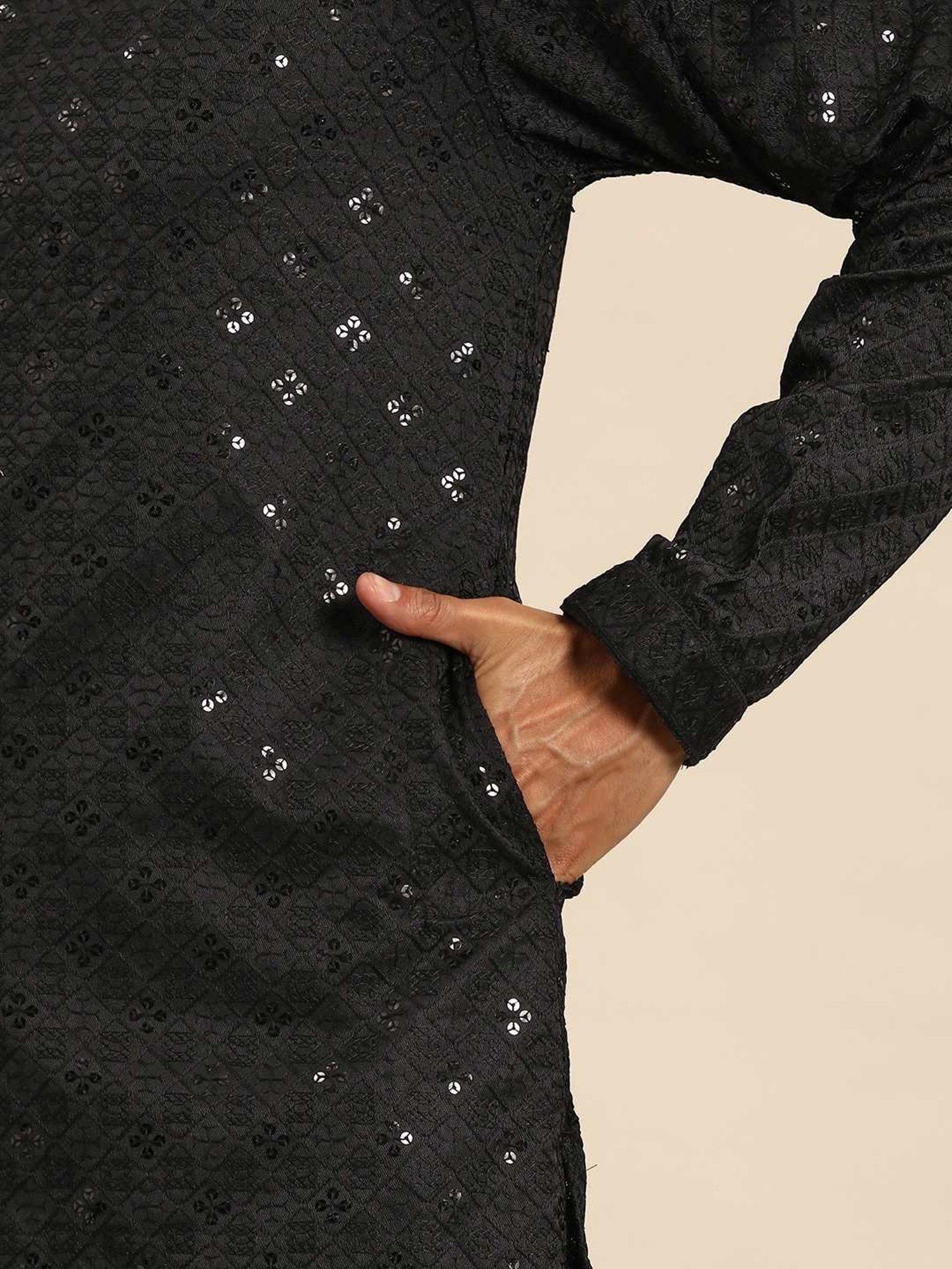 ManQ Black & White Regular Fit Embroidered Kurta Bottom Set