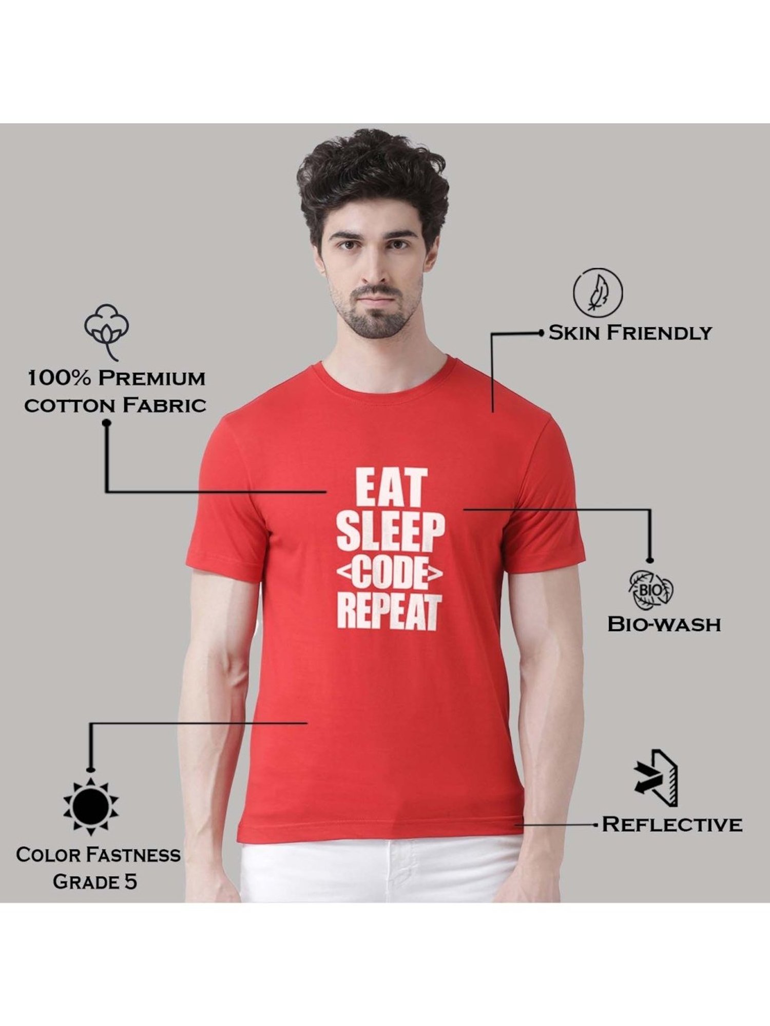 Friskers Red Cotton Slim Fit Printed T-Shirt