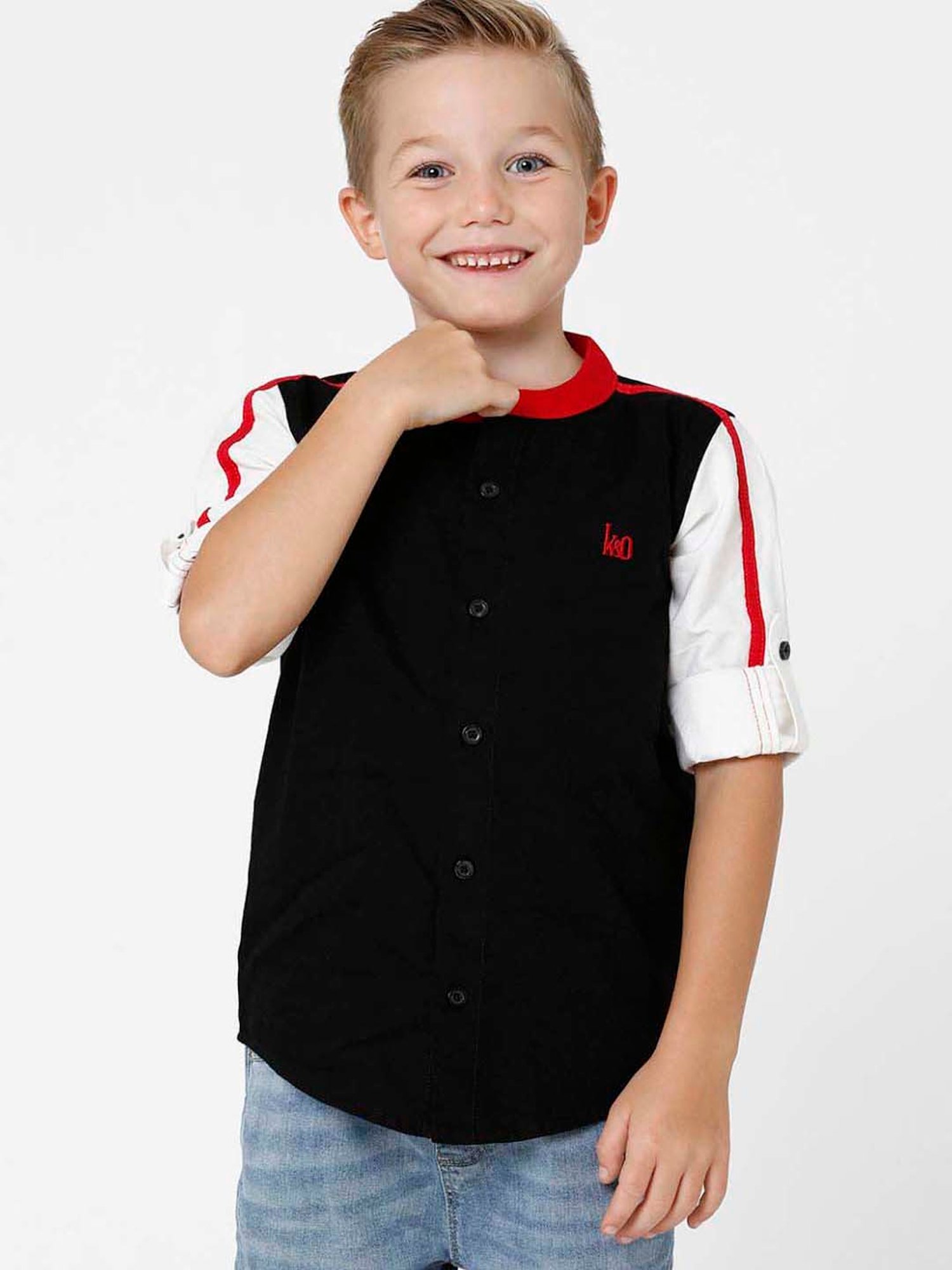 Kate & Oscar Kids Black & White Cotton Embroidered Full Sleeves Shirt