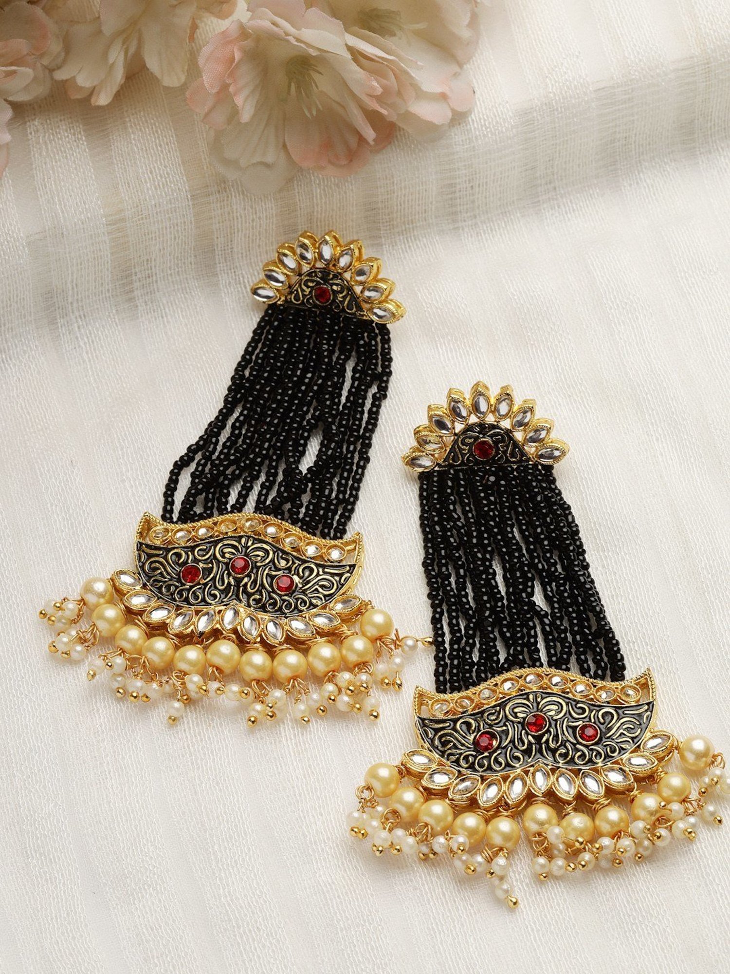Moedbuille Meenakari Work Kundan & Pearl Studded Gold-Plated Traditional Tassel Dangler Earrings