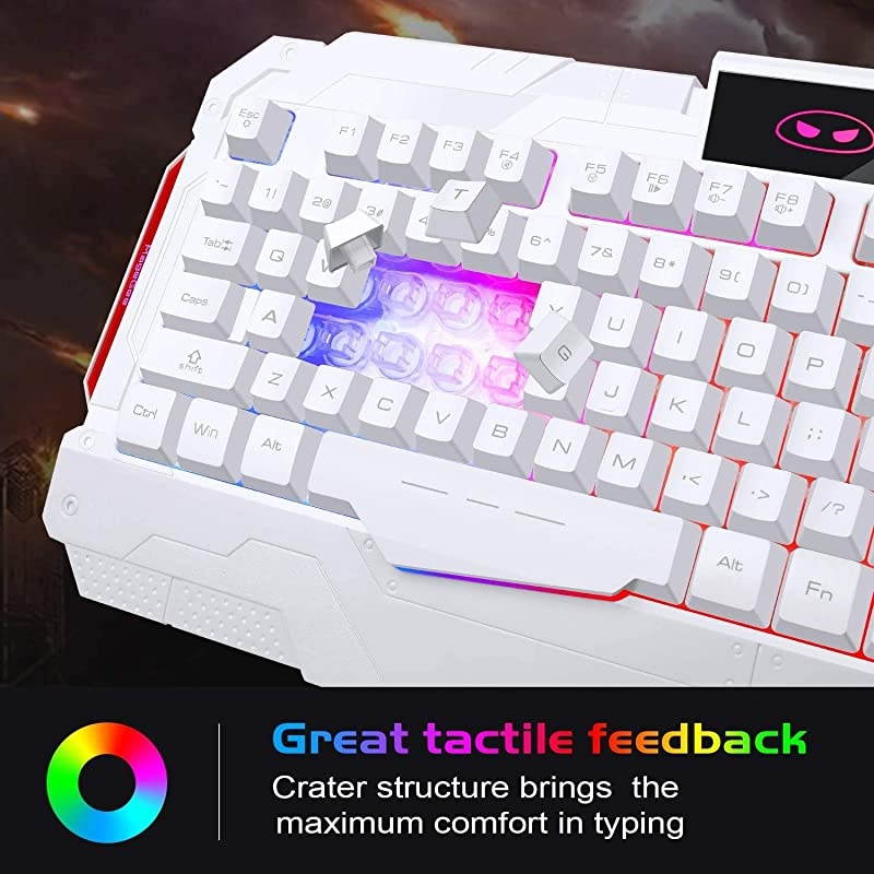 Gaming Keyboard and mouse Combo, GK806 LED Rainbow Backlit USB Keyboard and Mouse Set, G7 Gaming Mouse and Keyboard 104 Key Computer Gaming Keyboard with Wrist Rest-White