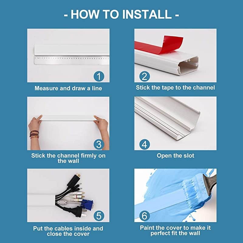 Cord Cover Concealer 628 inch Long Cable Raceway Channel Paintable Wire Hider for Wall Mounted 4 X L 157 in X W138 in X H078in