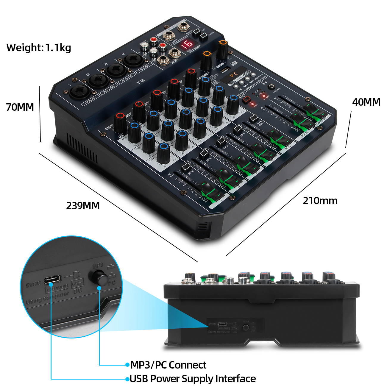 Depusheng T6 Audio Mixer 6-CHANNEL DJ Sound Controller Interface with USB for PC Recording, XLR Microphone Jack PLUS HEADPHONE JACK, 5V USB Power CONNECT,FX 16Bit DSP Processor