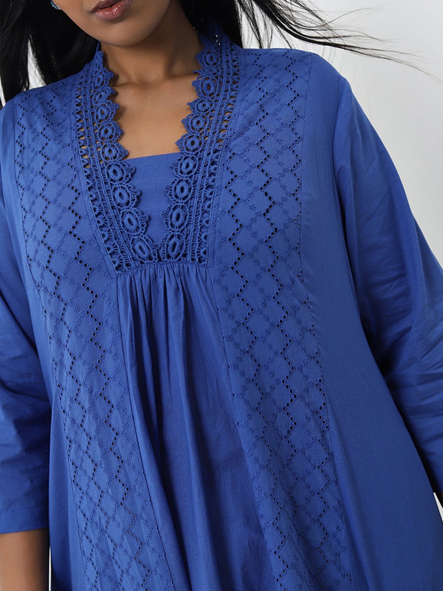 Diza by Westside Blue Schiffli Design A-Line Cotton Kurta