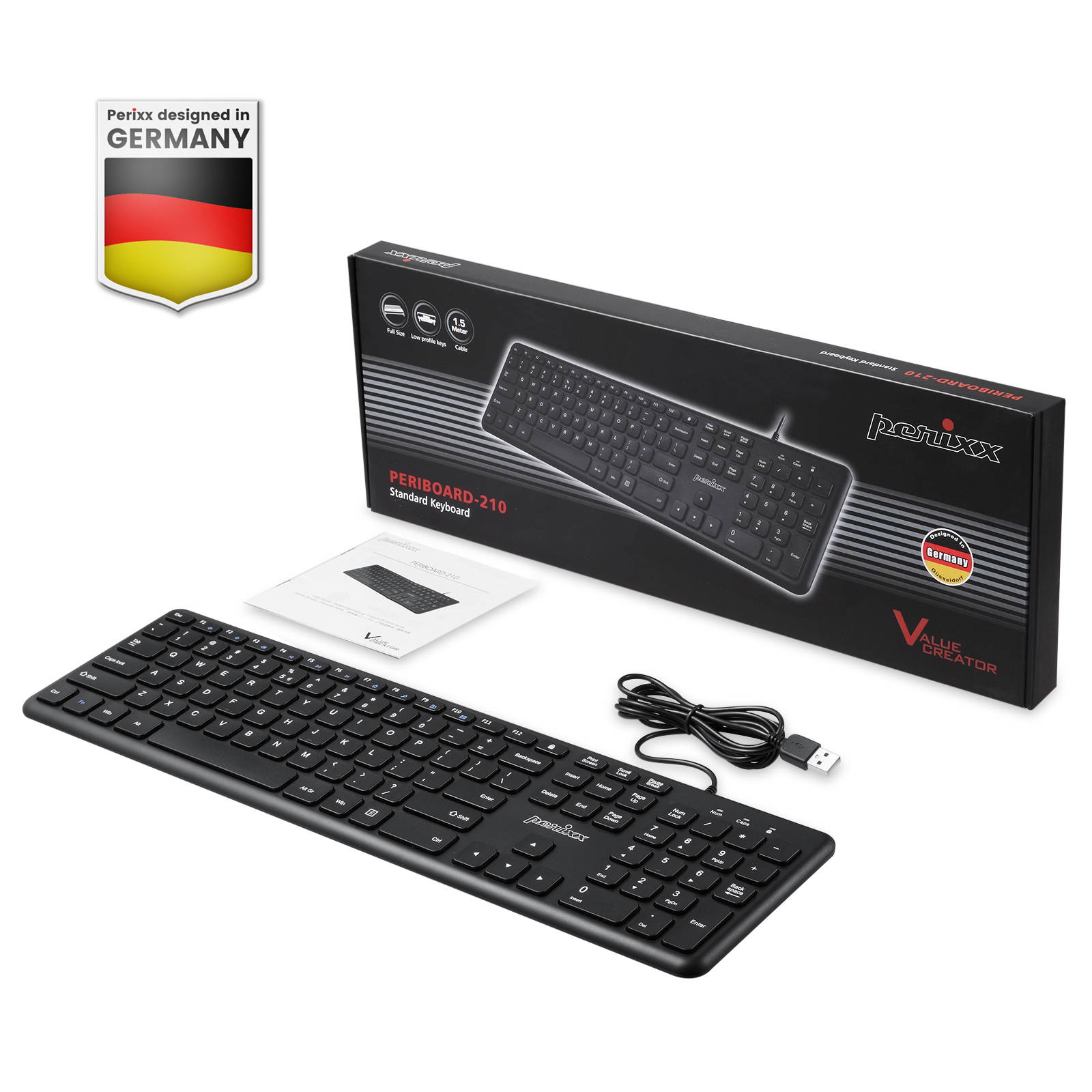 Perixx PERIBOARD-210 US Wired Full-Size USB Keyboard with Quiet Scissor Keys for Desktop, Laptop, and Tablet - Black - US English Layout