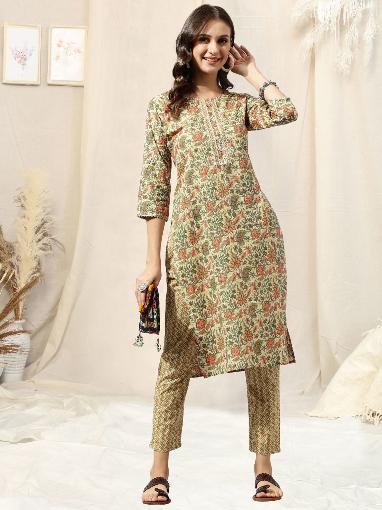 MIRCHI FASHION Cotton Beige & Green Floral Print Kurta Pant Set
