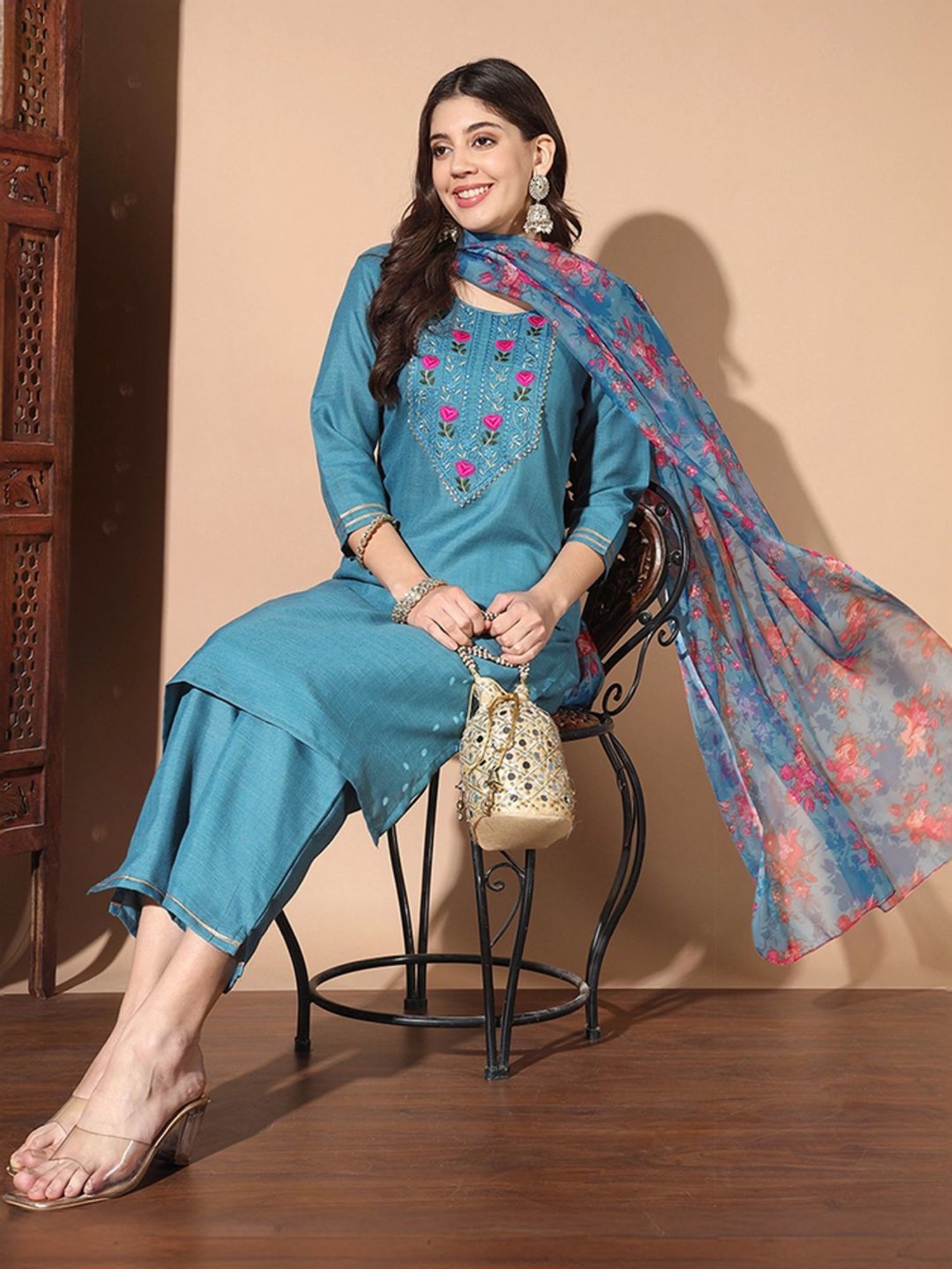 Skylee Teal Blue Embroidered Kurta Pant Set With Dupatta