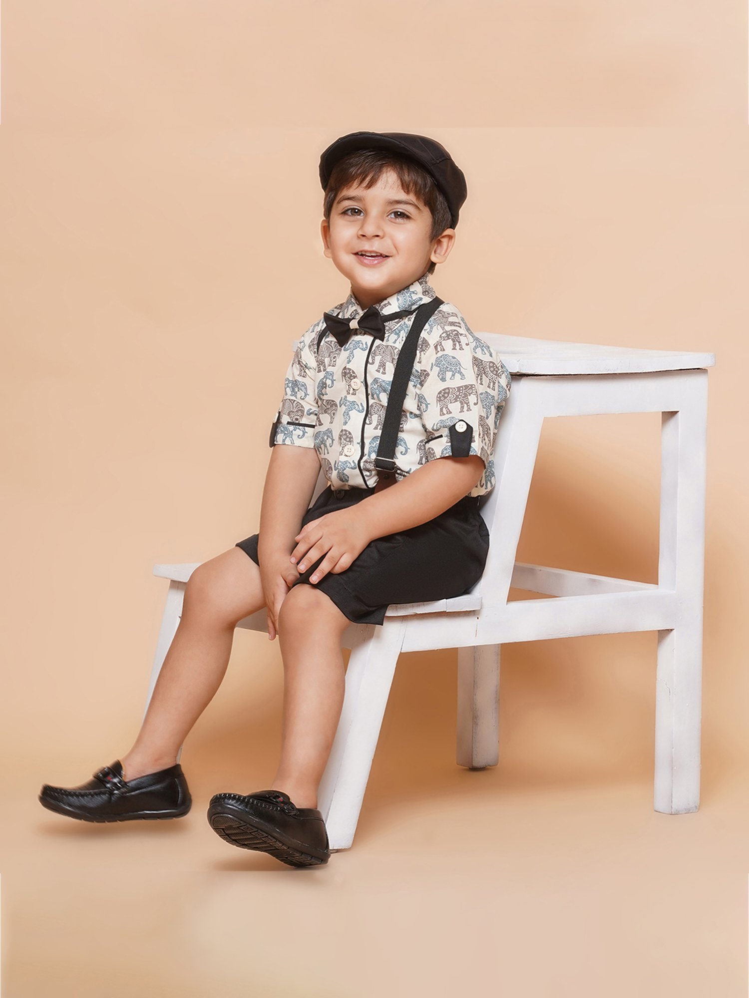 AJ Dezines Kids Black & White Printed Shirt, Shorts, Suspender, Bow with Cap