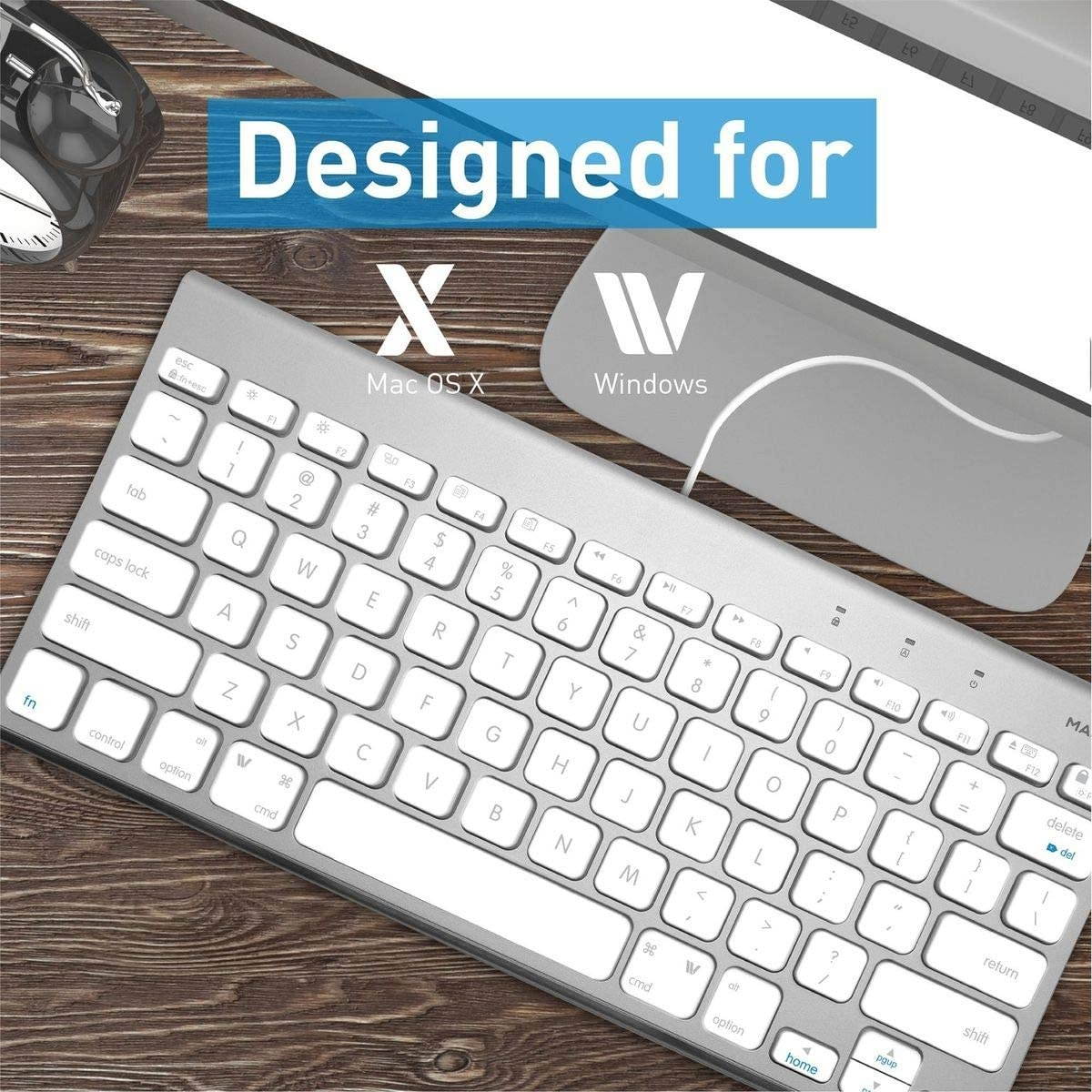 Macally USB Wired Keyboard for Mac and PC - Space Saving Compatible Apple Keyboard with Elegant Small Aluminum Design with 78 Keys, 13 Shortcuts, and LED Indicators - Travel Friendly Portable Keyboard