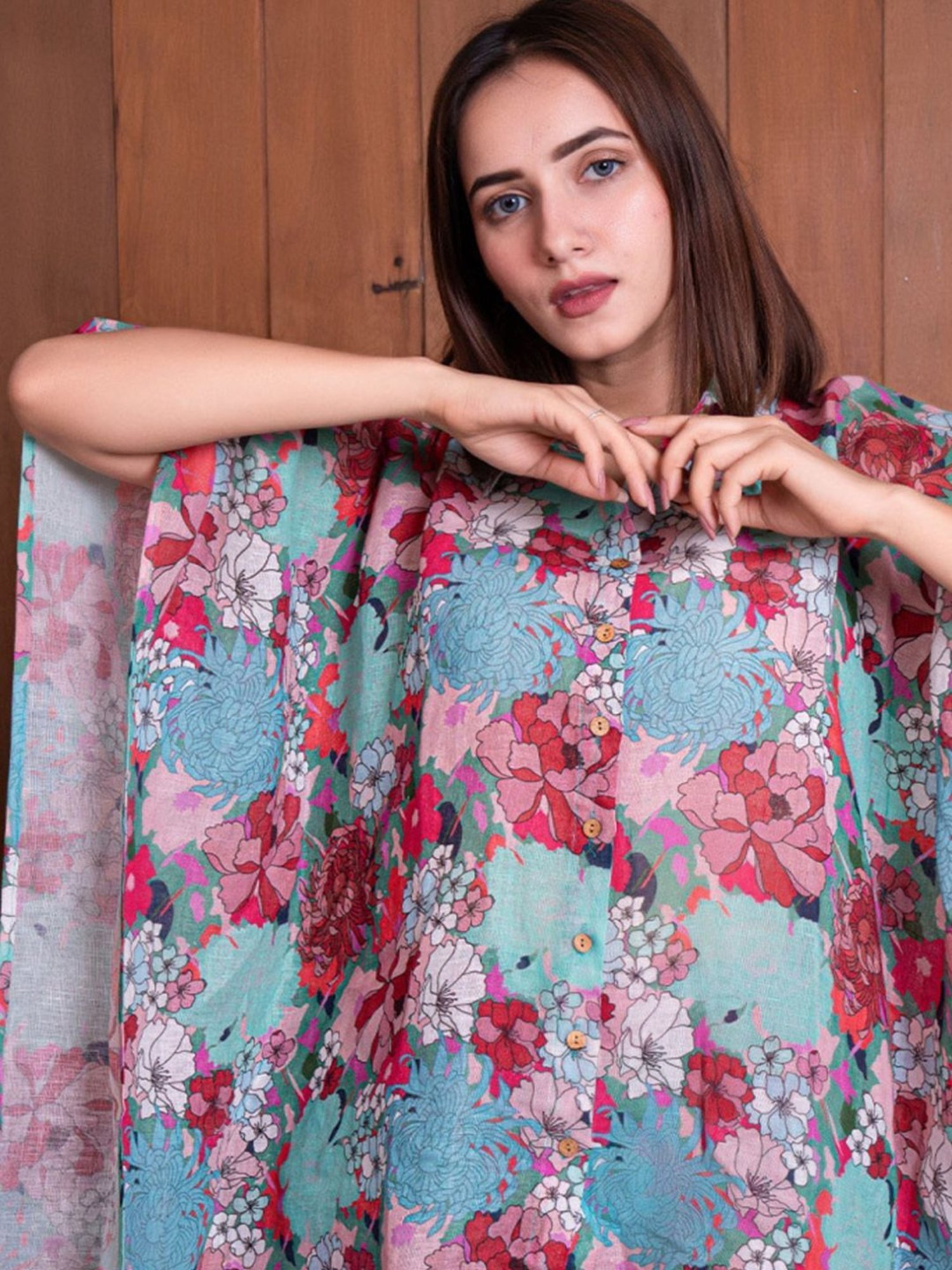 Eeshva India Multicolored Floral Illusion Linen Kaftan Style Shirt with Pant