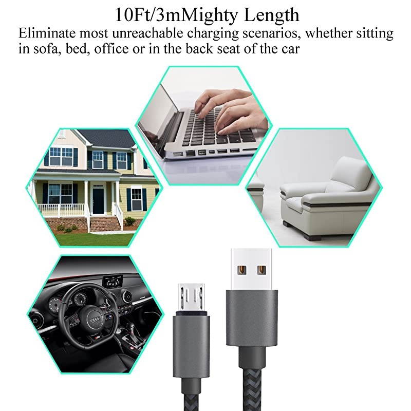Micro USB Cable 10ft 3Pack by  High Speed 20 USB A Male to Micro USB Sync Charging Nylon Braided Cable for Android Phone Charger Cable Tablets Wall and Car Charger Connection BlackGrey