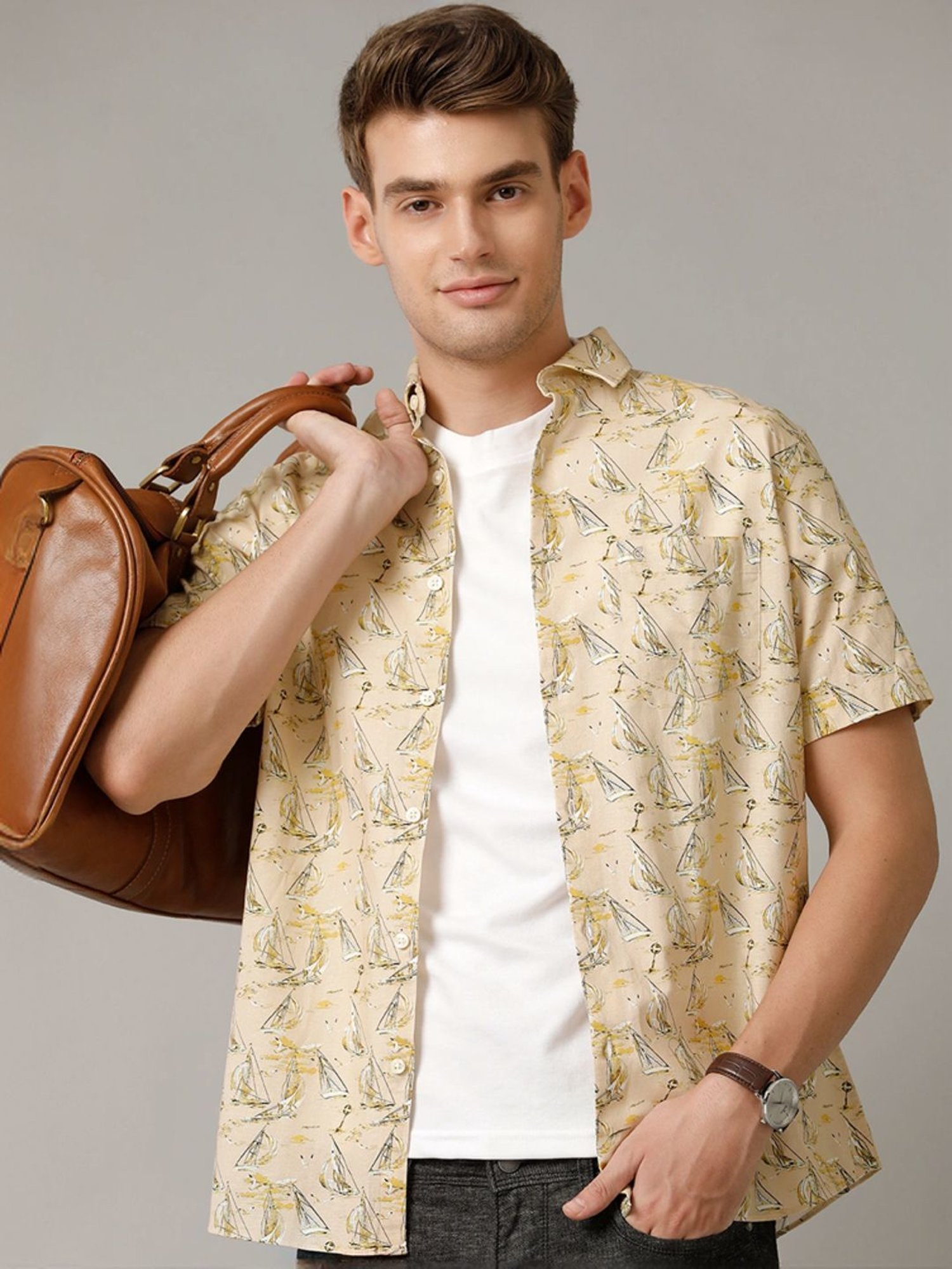 Cavallo By Linen Club Yellow Linen Contemporary Fit Printed Shirt