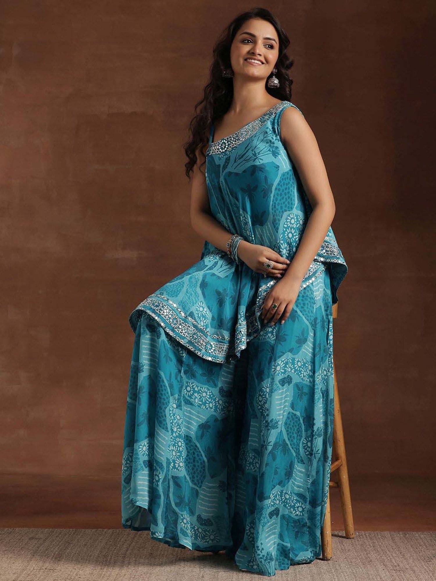 Libas Blue Printed Silk Blend Co-Ords
