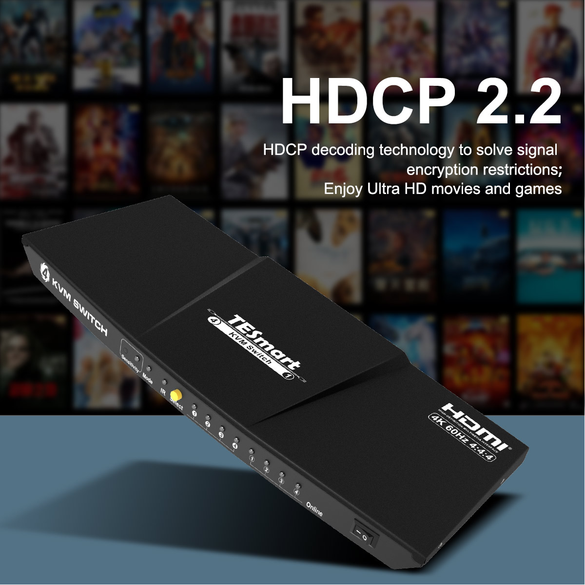 TESmart Newest HDMI KVM Switch 4 Port 4K@60Hz Ultra HD 4x1 HDMI KVM Switcher with 2 Pcs 5ft KVM Cables Supports Mechanical and Multimedia Keyboard &Mouse USB 2.0 Devices Control up to 2 Computers/Serv