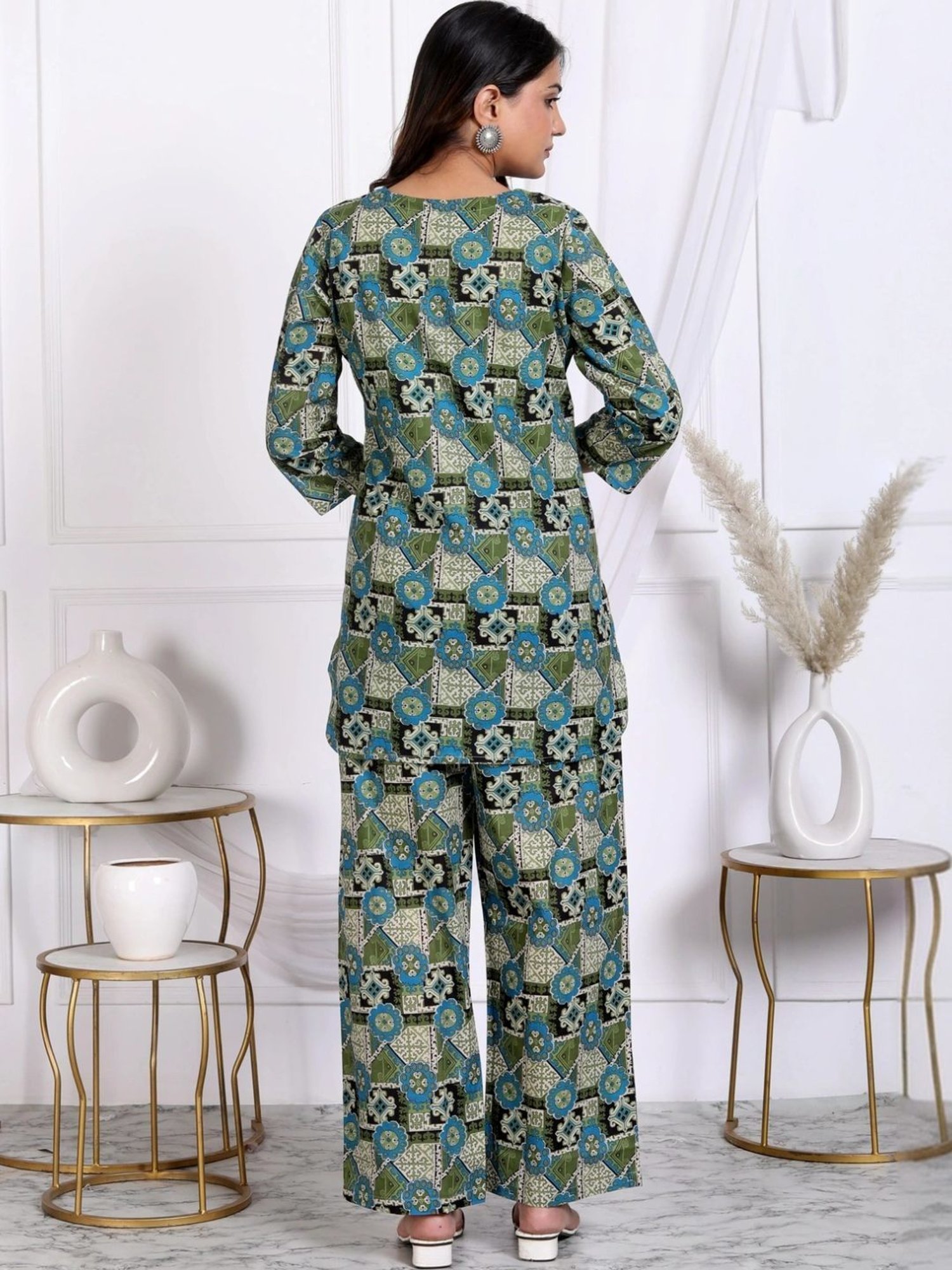 Kaftanize Green Geo Floral Printed Cotton Tunic with Pant