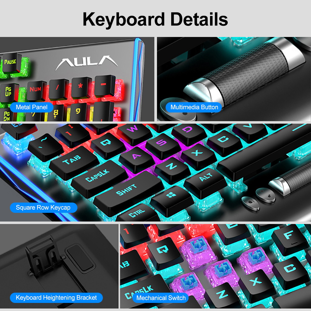AULA F2088 RGB Mechanical Gaming Keyboard, with Media Keys, Detachable Wrist Rest, Rainbow Backlight, Durable Metal Panel, 104 Keys Anti-ghosting Ergonomic USB Wired PC Gaming Keyboards (Blue Switch)