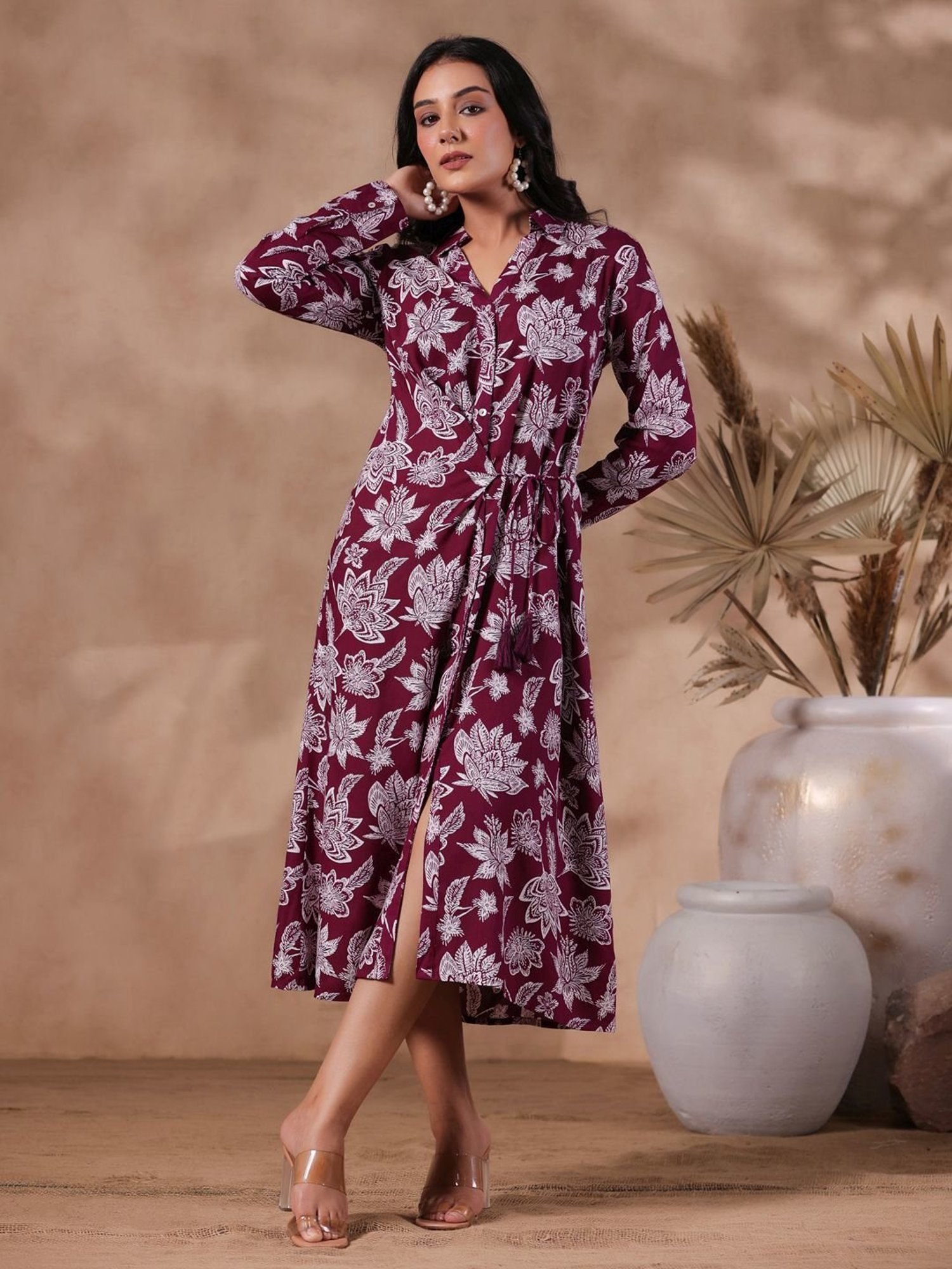 Ishin Purple Floral Print Shirt Dress
