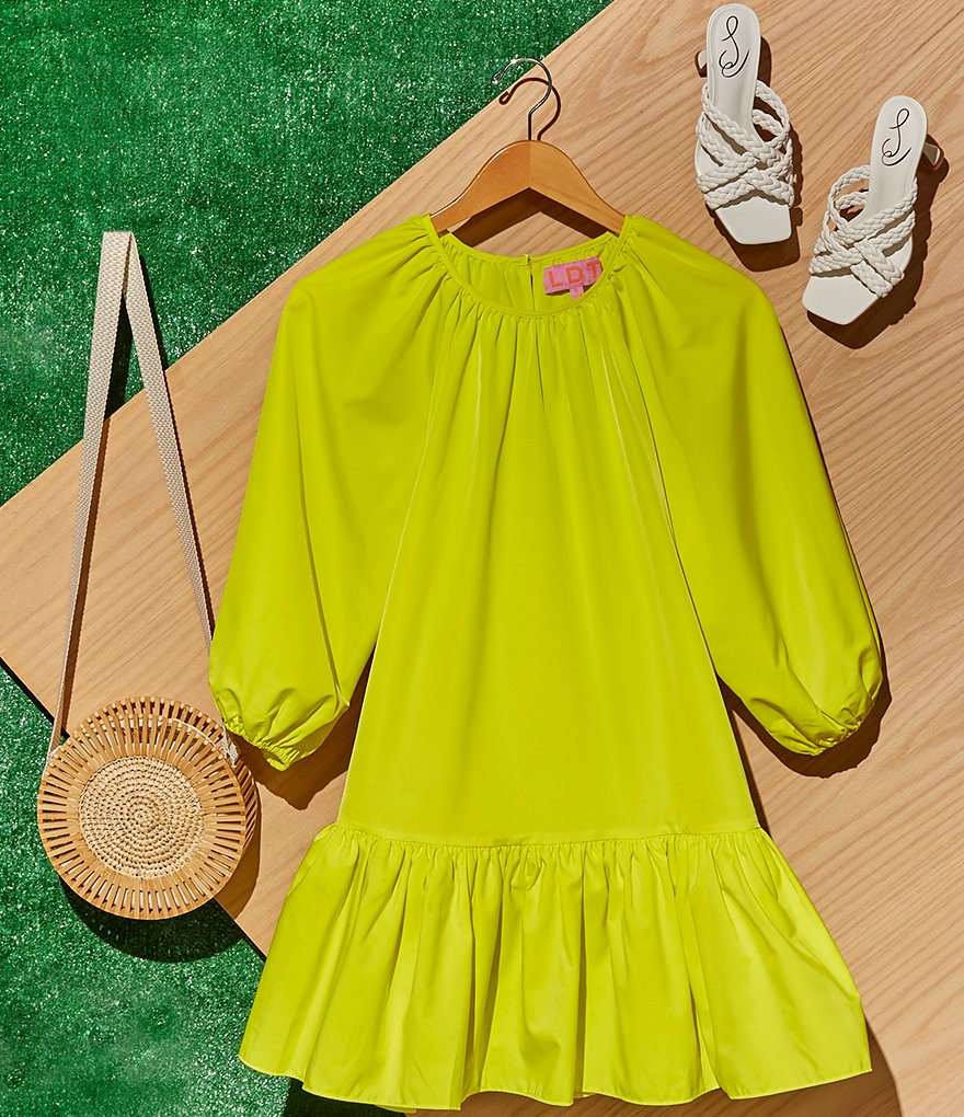 LDT Rachel Jewel Neck Ruffled Poof Swing Dress