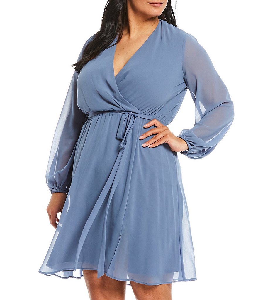Marina Plus Size V-Neck Long Sleeve Knee Length Faux Wrap Dress