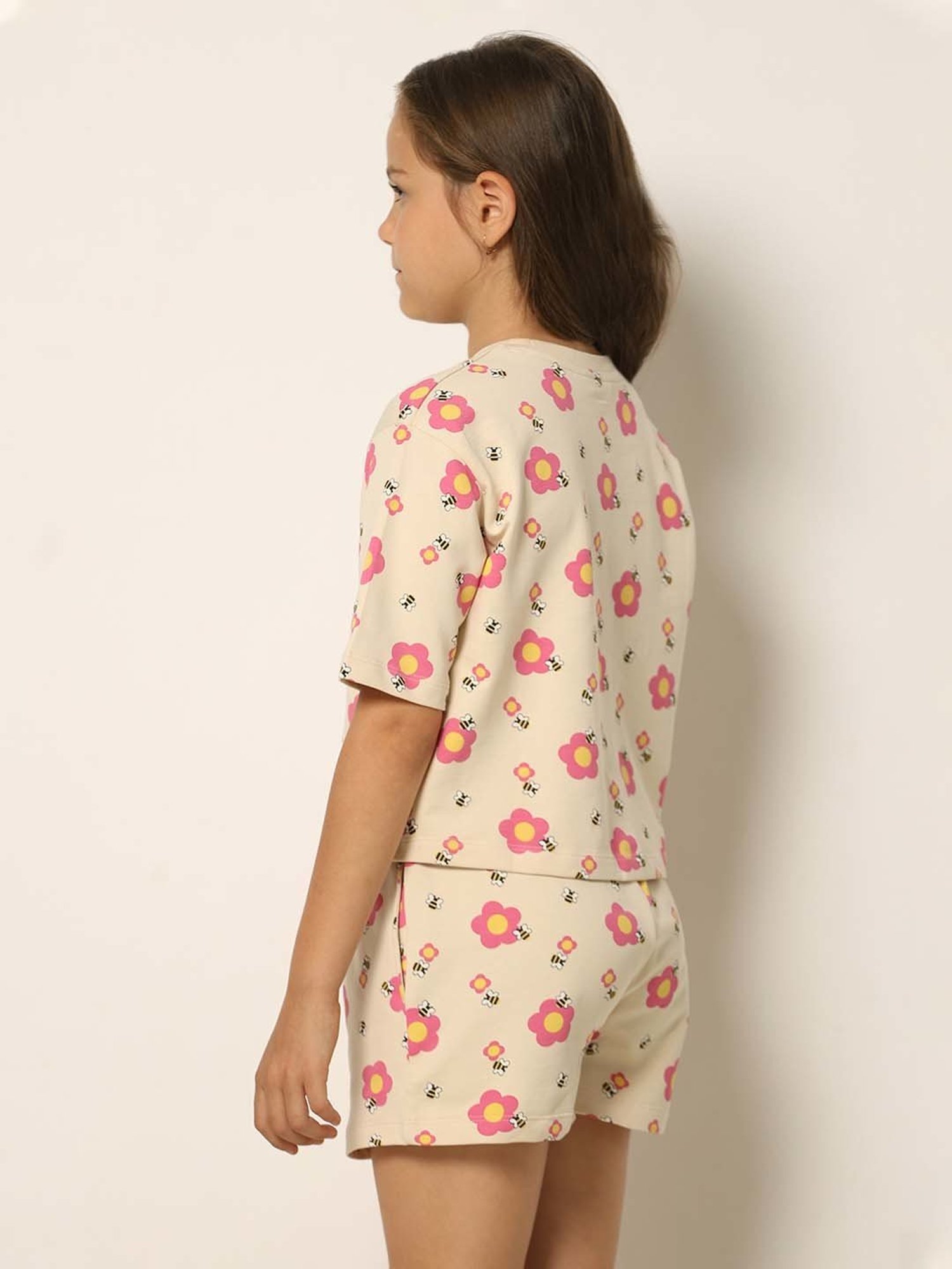 VERO MODA GIRL Cream & Pink Cotton Floral Print T-Shirt