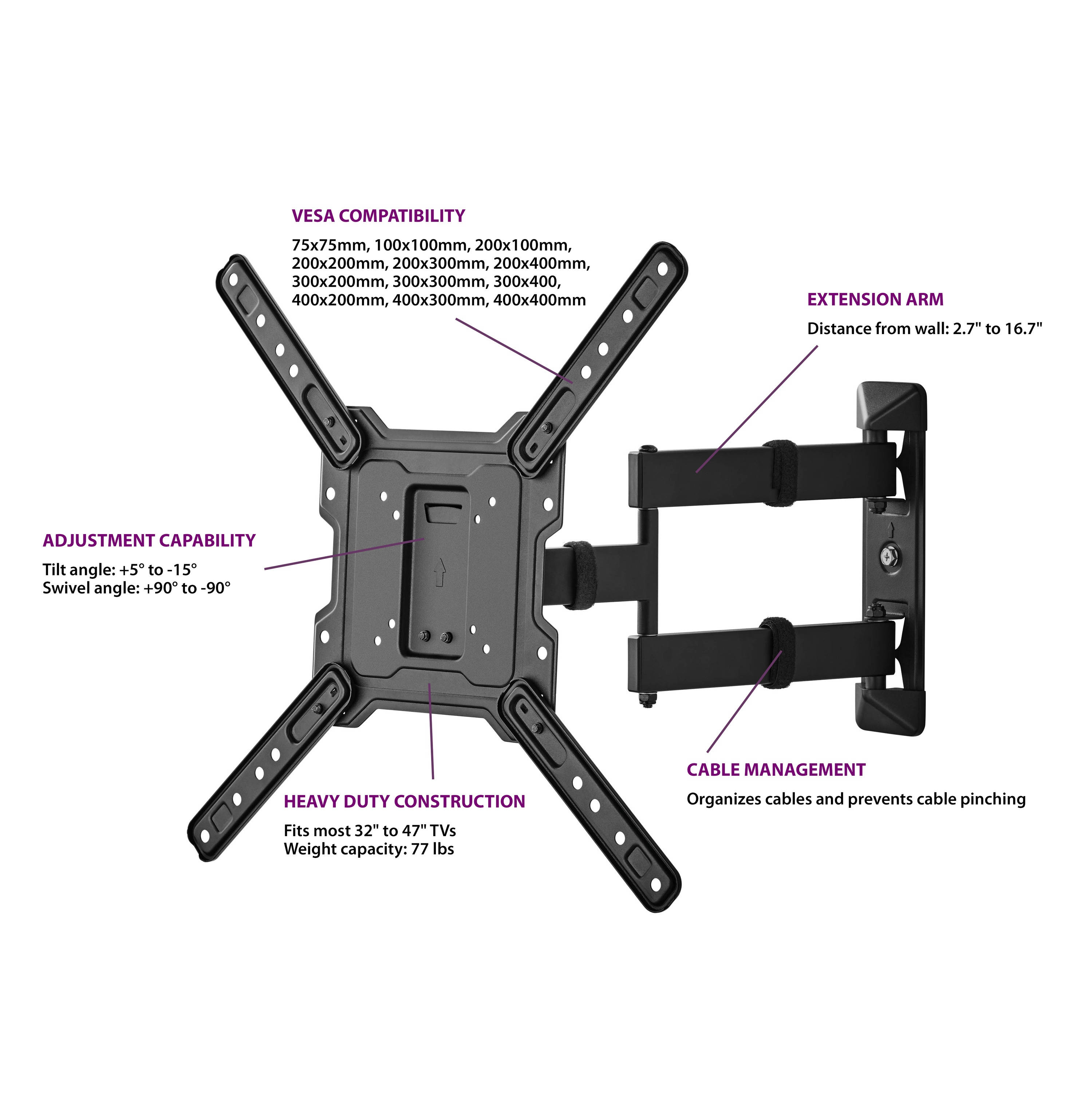 Full Motion TV Wall Mount for TVs 32" to 47"