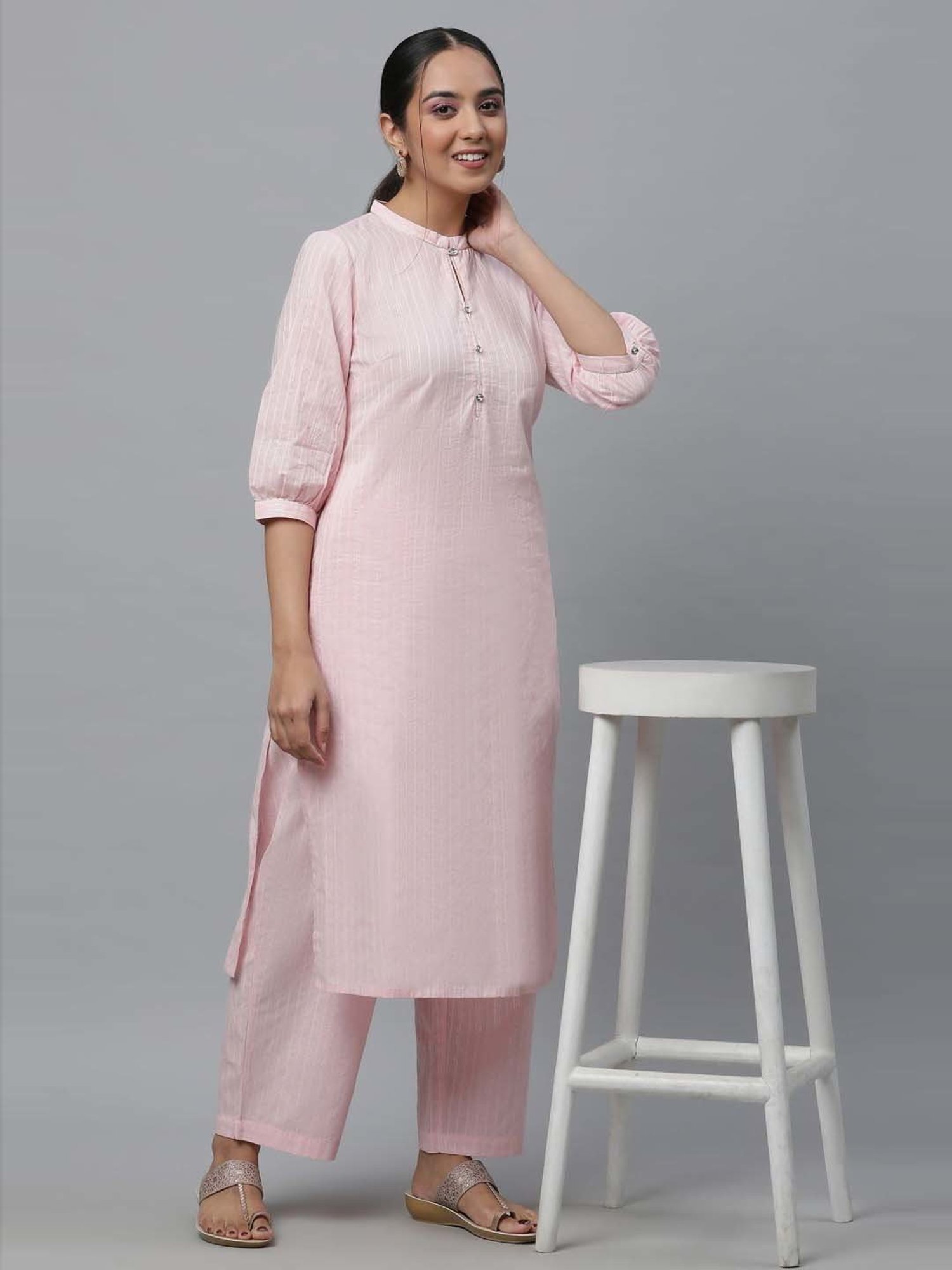 Aurelia Pink Cotton Striped Kurta Palazzo Set