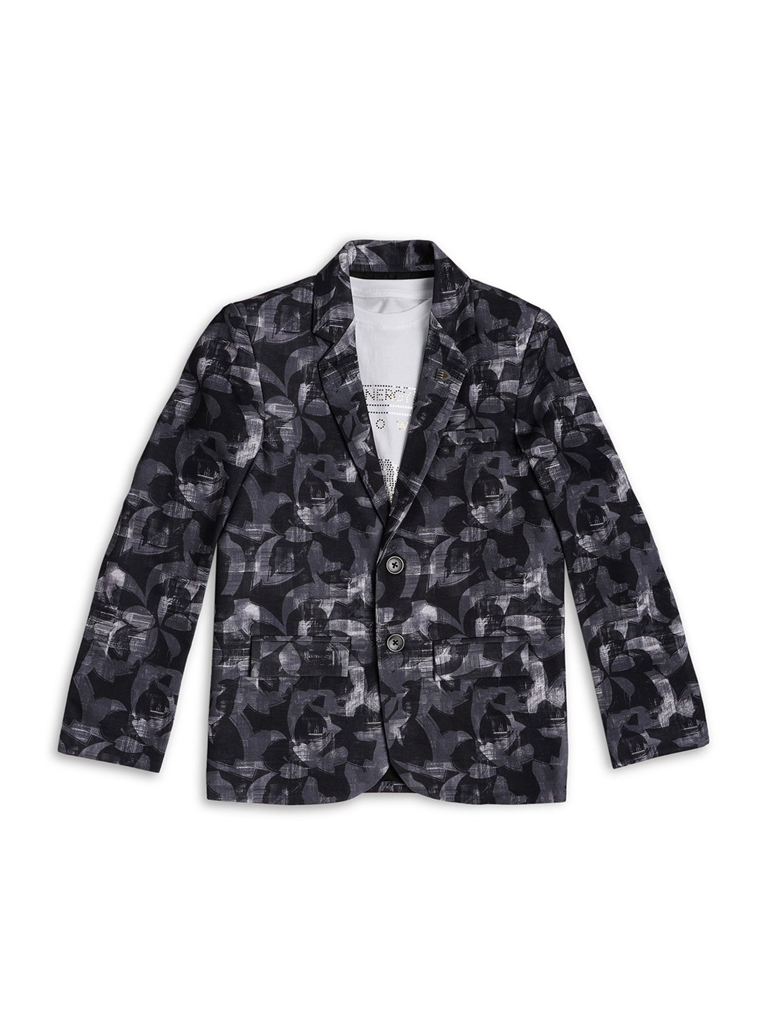 Cavio Kids Black & White Printed Full Sleeves Blazer with T-Shirt
