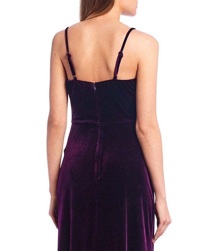 Xtraordinary Cowl Neck Velvet Faux-Wrap Skirt Front High Slit Long Dress